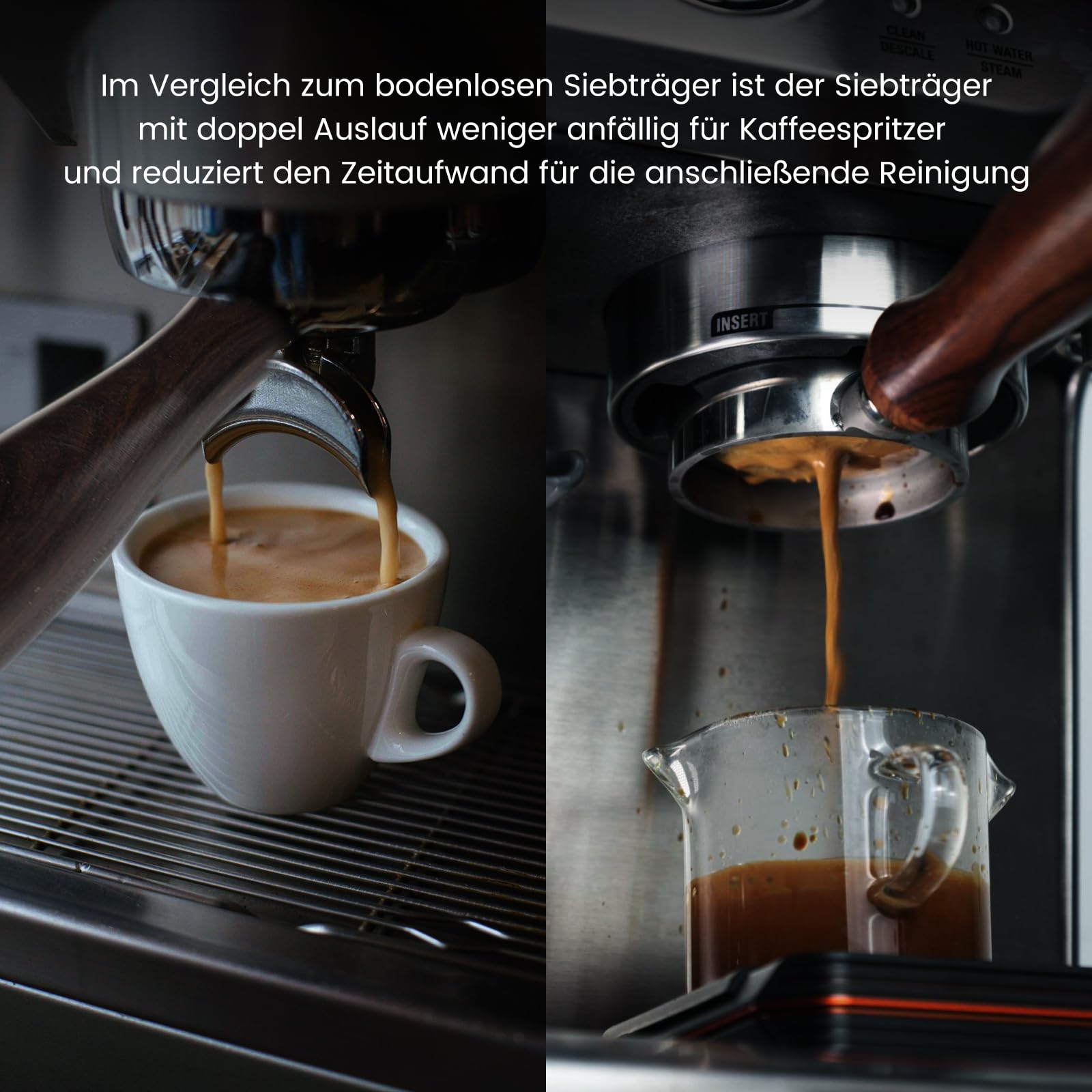 Siebträger 51mm Doppelauslauf für Delonghi Dedica EC680/ EC685, 3 ohren, mit Sieb Entfernungshilfe, Holzgriff, 2 Tassen Edelstahl Filterkorb