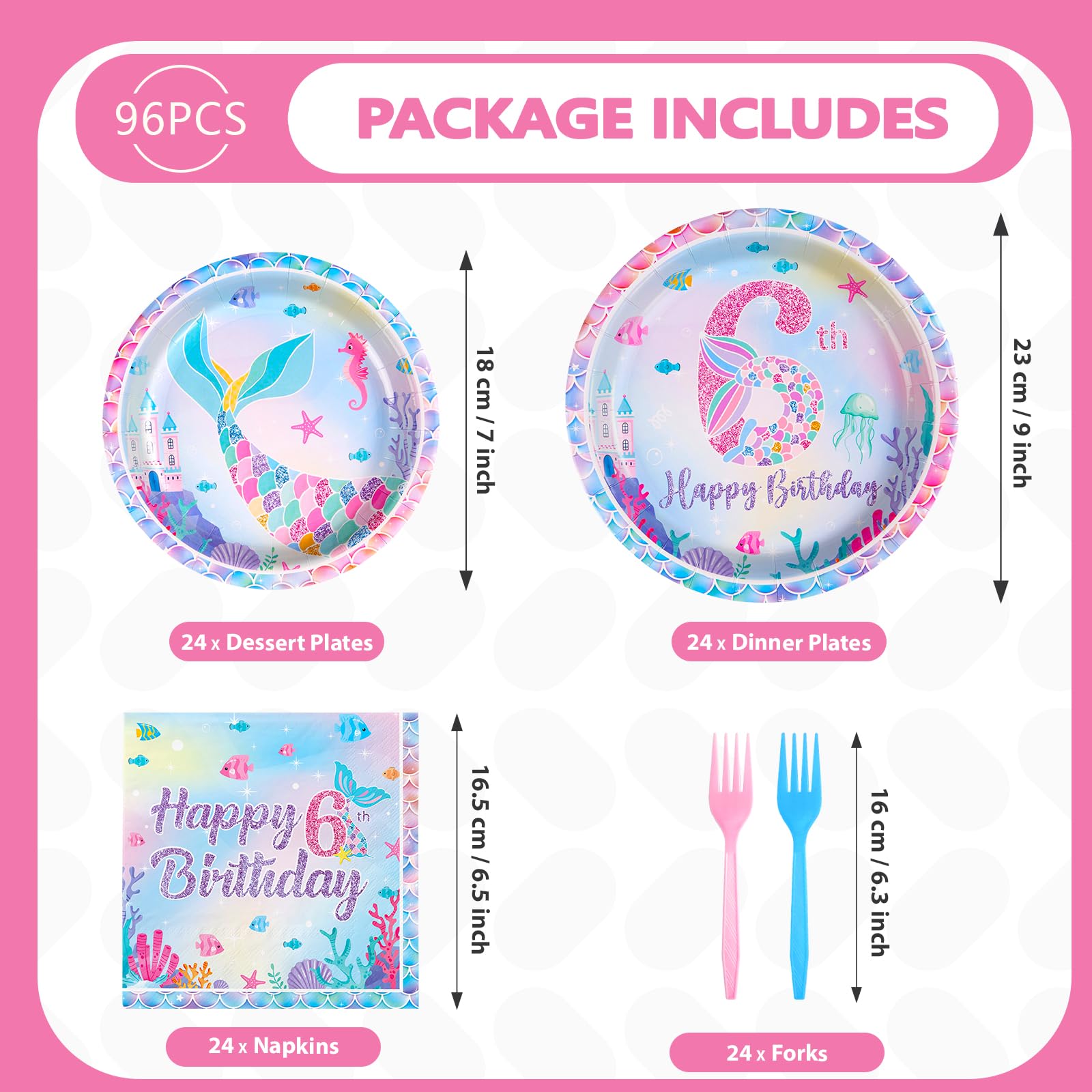 96Pcs Mermaid 6th Birthday Party Decorations for Girls Little Mermaid Plates and Napkins Tableware Sets Under the Sea Theme Decorations for Baby Shower 6 Years old Party Supplies Serves 24