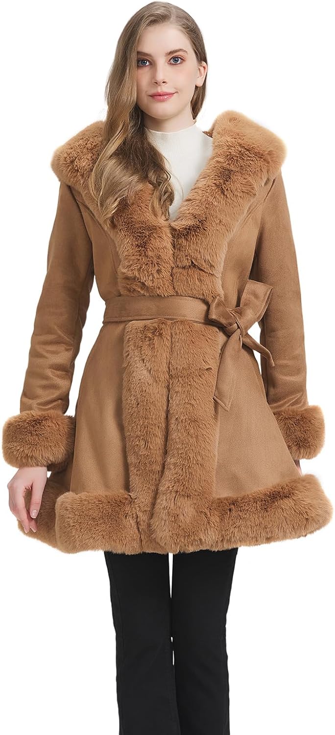 GRAN ORIENTE Suede Jacket for Women with Faux Fur Collar,Long Sleeve Warm Winter Parka Coat with Belt Outerwear - Image 2
