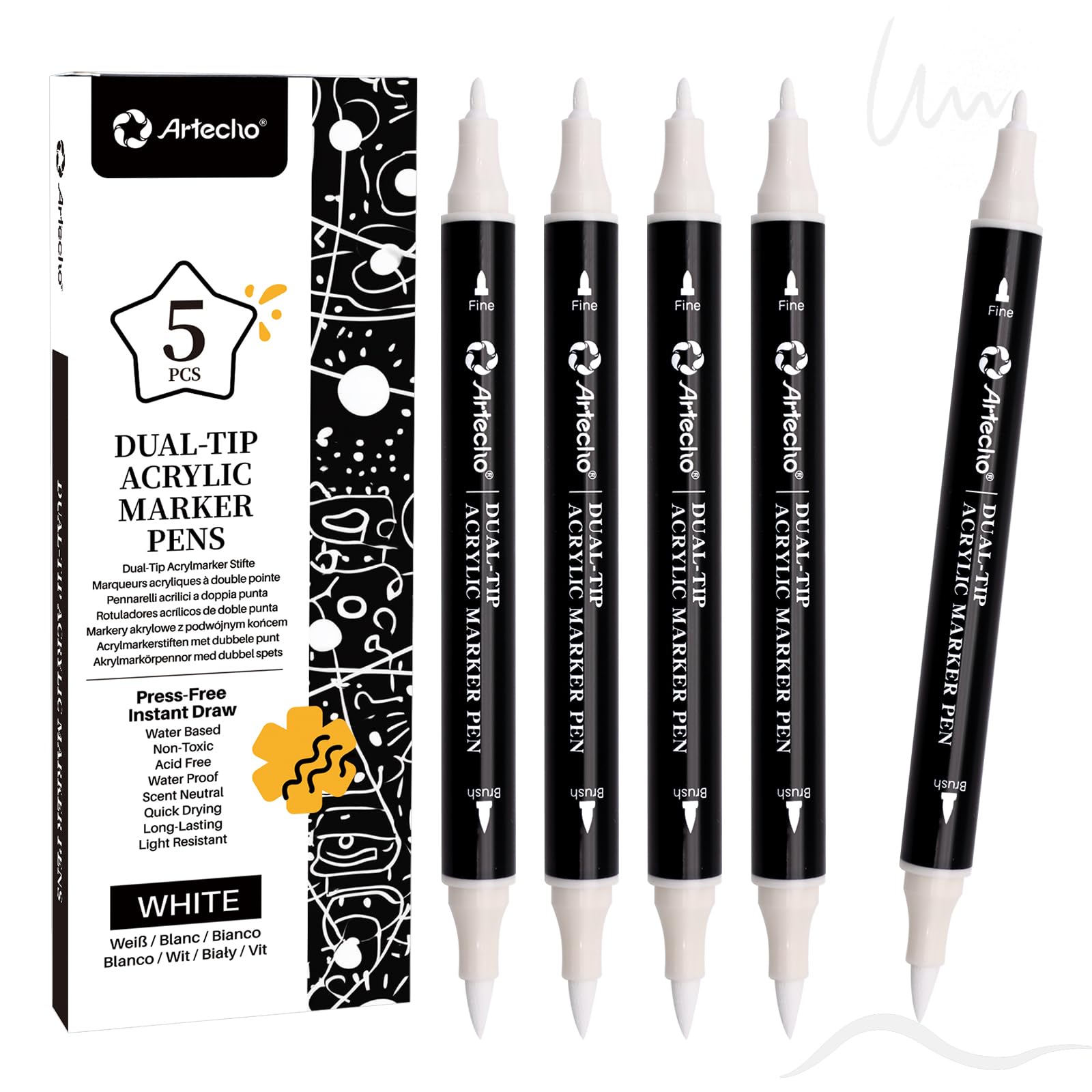 Artecho Dual Tip Acrylic Paint Pen White 5pcs set-Fine Tip and Brush Tip