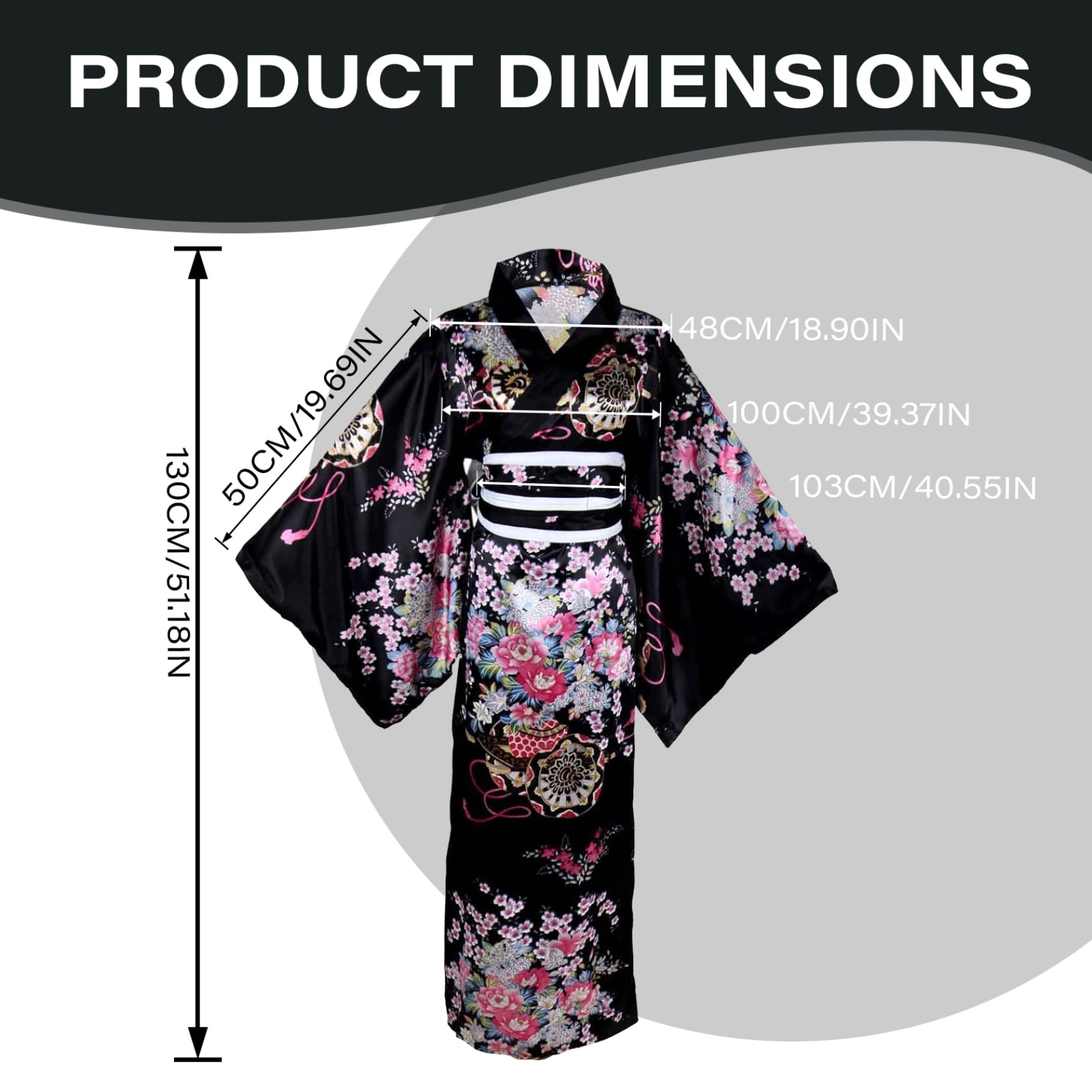 Yukata para Mujer, Kimono japonés con Estampado Floral, Sedoso, cómodo y Agradable para la Piel, con cinturón, Estilo Tradicional de Kioto, Ideal para Fiestas, Cosplay y Accesorios (Negro).