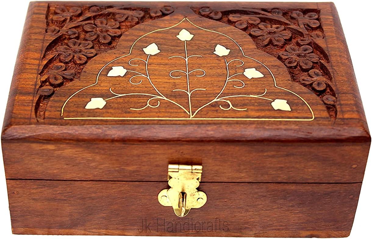 Handicrafts Handmade Wooden Jewellery Box for Women Wood Jewel Organizer Hand Carved with Intricate Carvings Gift Items - 6 inches