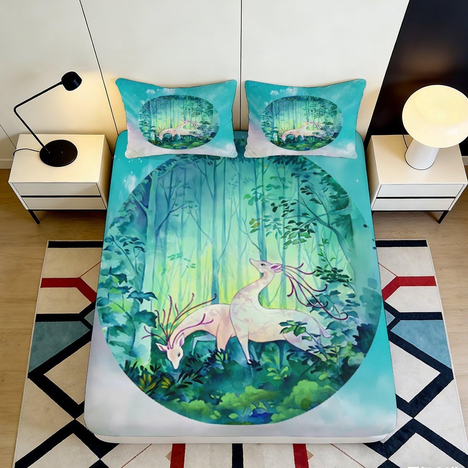3D Printed Forest Deer Fitted Sheet Microfiber Non-Slip Elastic Woodland Mattress Cover for Bedroom Guest Room Dormitory Decor 120x200cm 180x200x25cm
