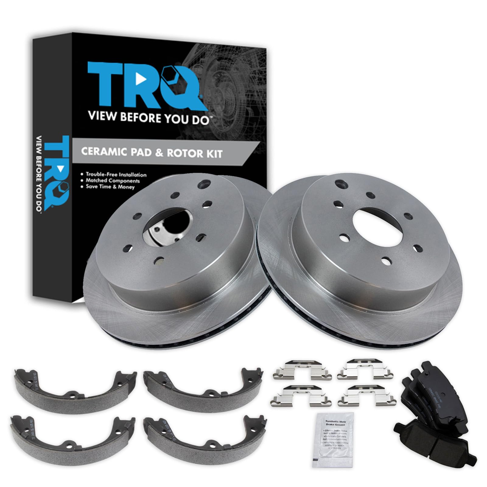 TRQ Rear Brake Pad and Rotor Set Ceramic Parking Brake Shoes Compatible with 2006-2007 Nissan Xterra