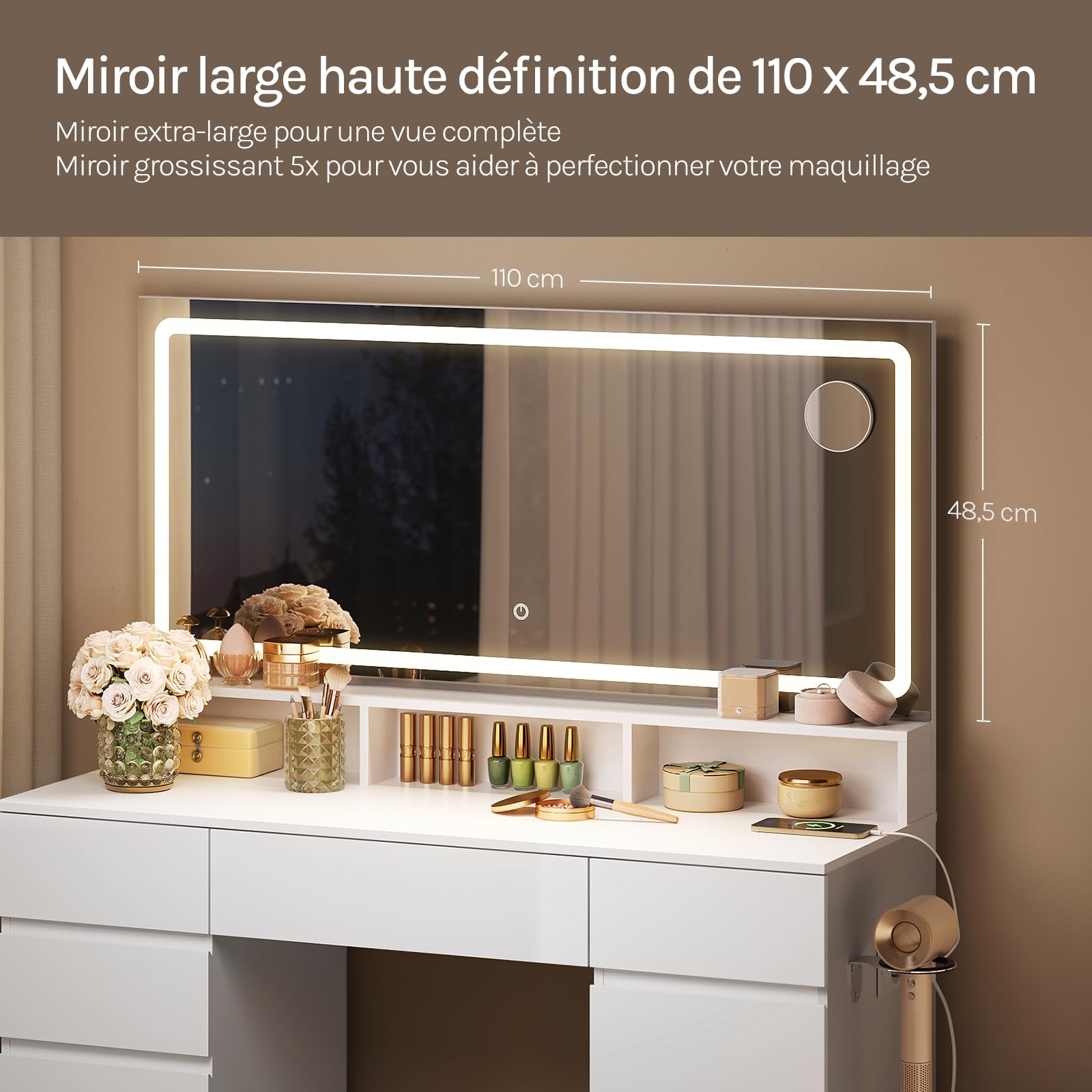 WOLTU Coiffeuse avec Grand Miroir LED et Miroir Grossissant, Table de Maquillage avec Station de Charge, 9 Tiroirs, 3 Étagères & Support Sèche-Cheveux, Meuble Moderne en Bois pour Chambre, Blanche