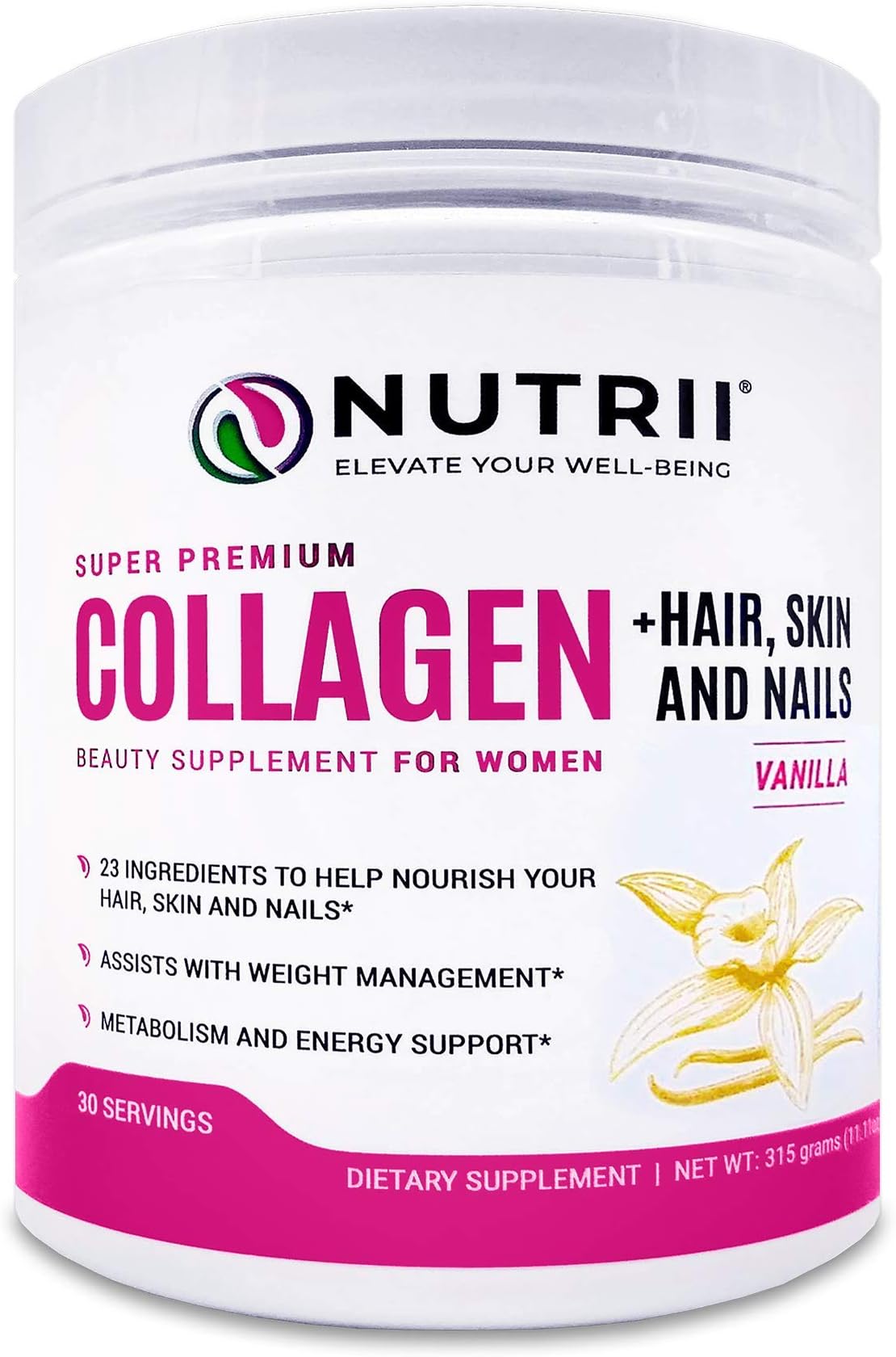 Nutrii #1 Collagen Grass Fed Hydrolyzed Peptides + Hair, Skin and Nails, 23 Ingredients to Boost Results, Zero Carbs/Zero Sugar, Delicious Drink Mix Supplement, Energy, Lean Muscle (14.8 oz, 30 serv)