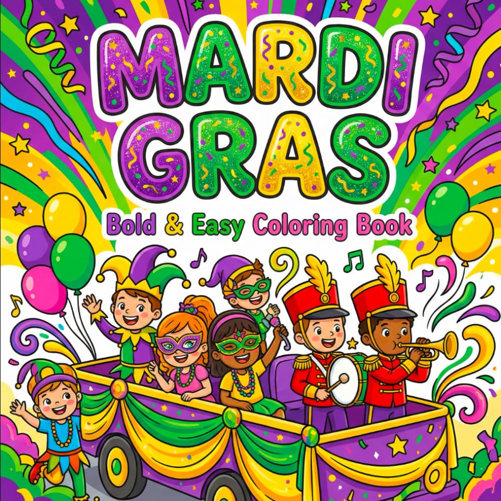 Mardi Gras Bold & Easy Coloring Book: Fun & Simple Carnival Coloring Pages for Kids | Big Shapes, Thick Lines & Festive New Orleans Fun