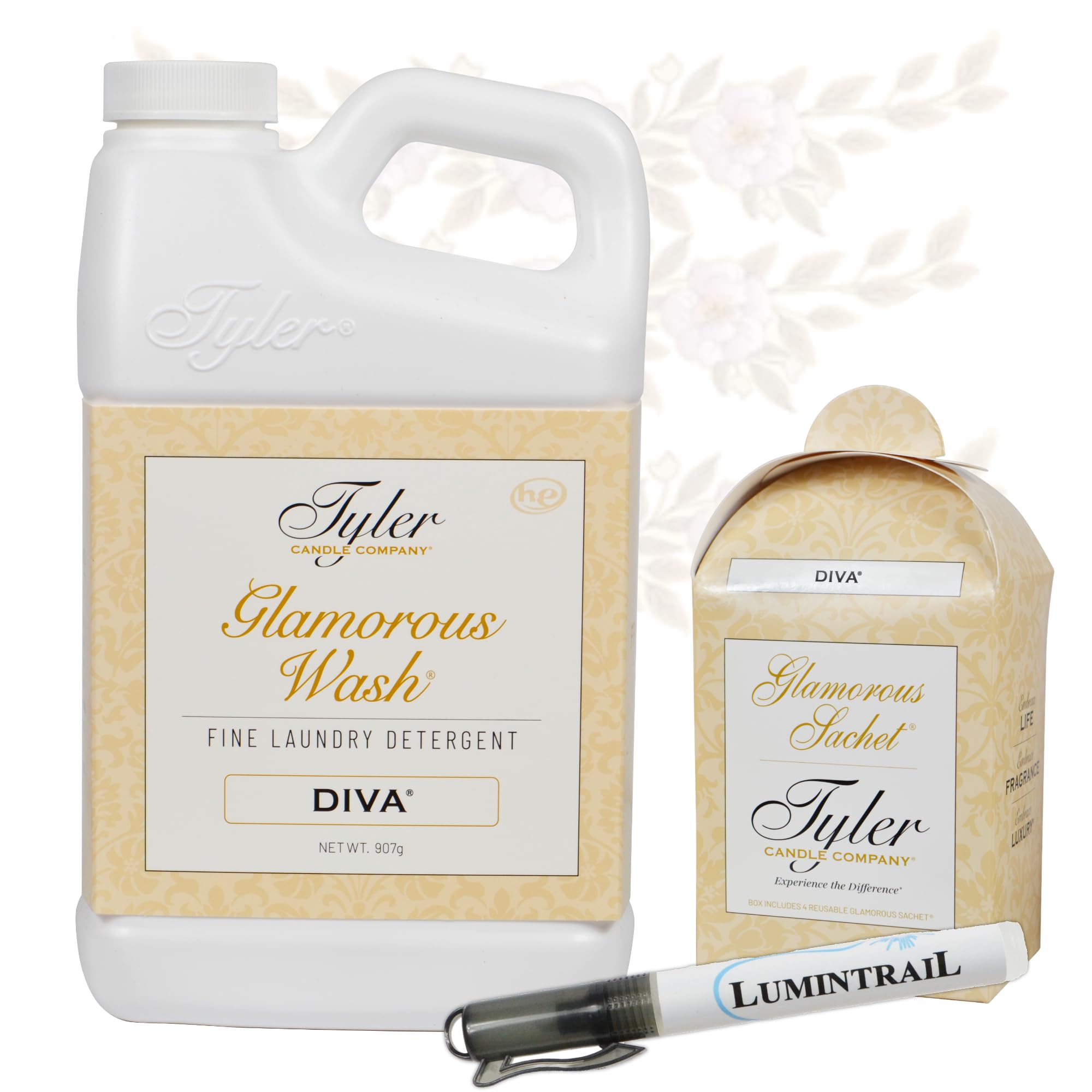 Tyler Glamorous Wash Diva Fine Laundry Detergent with a Lumintrail Stain Remover Pen and Dryer Sachets - Liquid