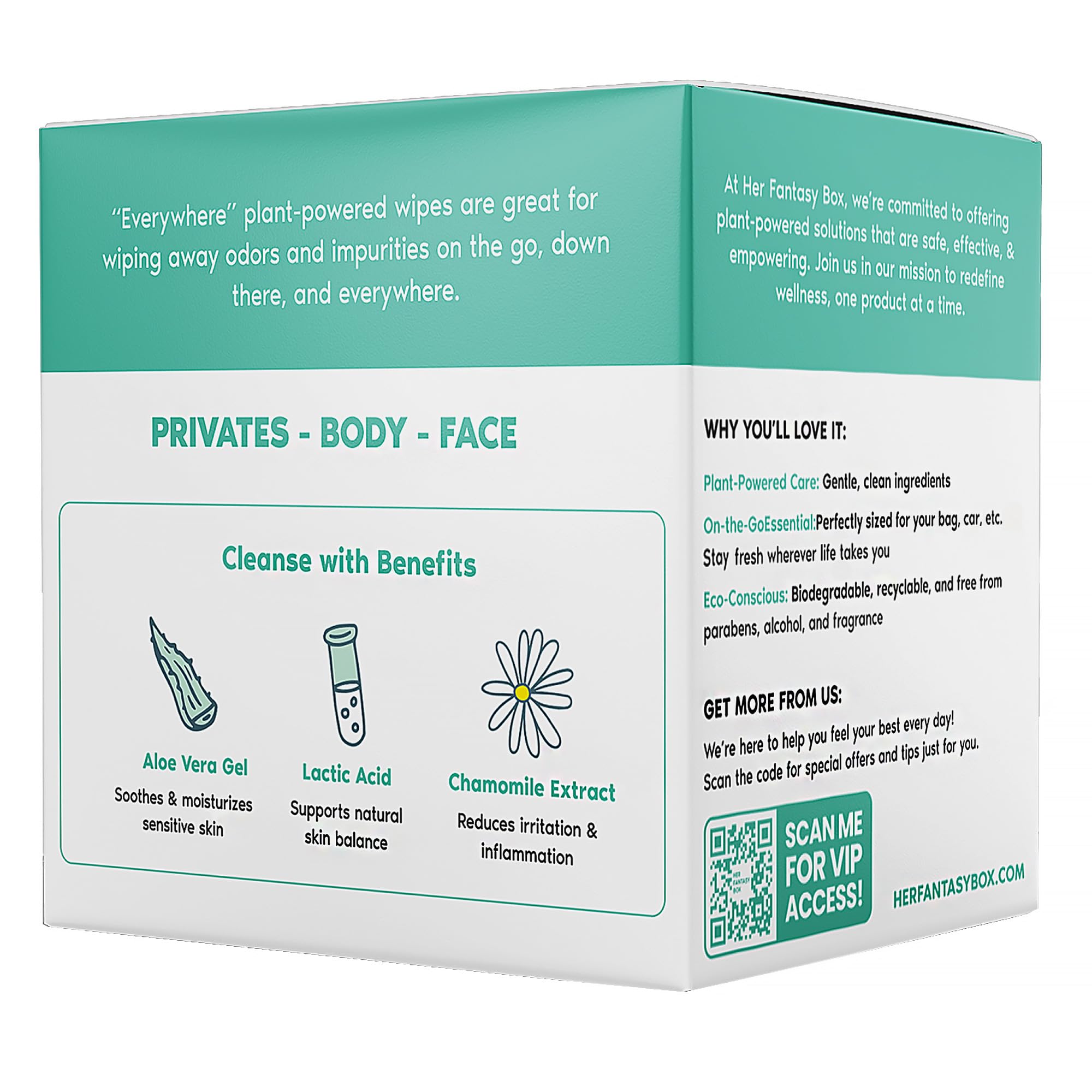 Her Fantasy Box | Everywhere Wipes – 100% Organic Cotton, Gentle & Refreshing, pH-Balanced, Fragrance-Free, Plant-Powered for Body, Face & Intimate Areas, Ideal for Sensitive Skin - 1 Pack, 15 Wipes