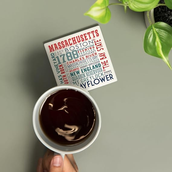 Lantern Press Massachusetts, Typography (Absorbent Ceramic Coaster, Single, Cork Back, Kitchen Table Decor)