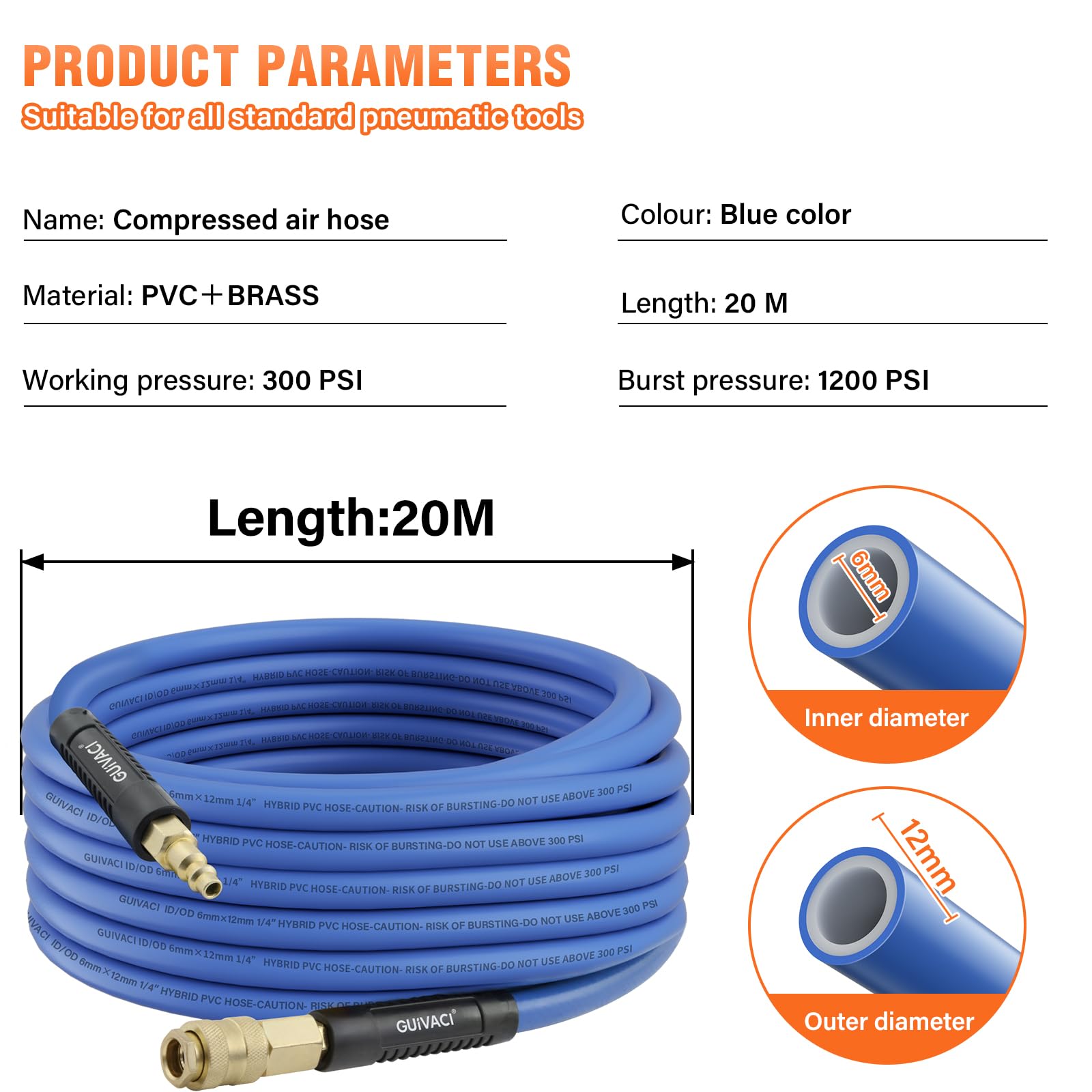 Tubo per aria compressa, 20 m, 6/12 mm, attacco rapido e nipplo, 20 bar, resistente alla piega, per compressore e officina, blu