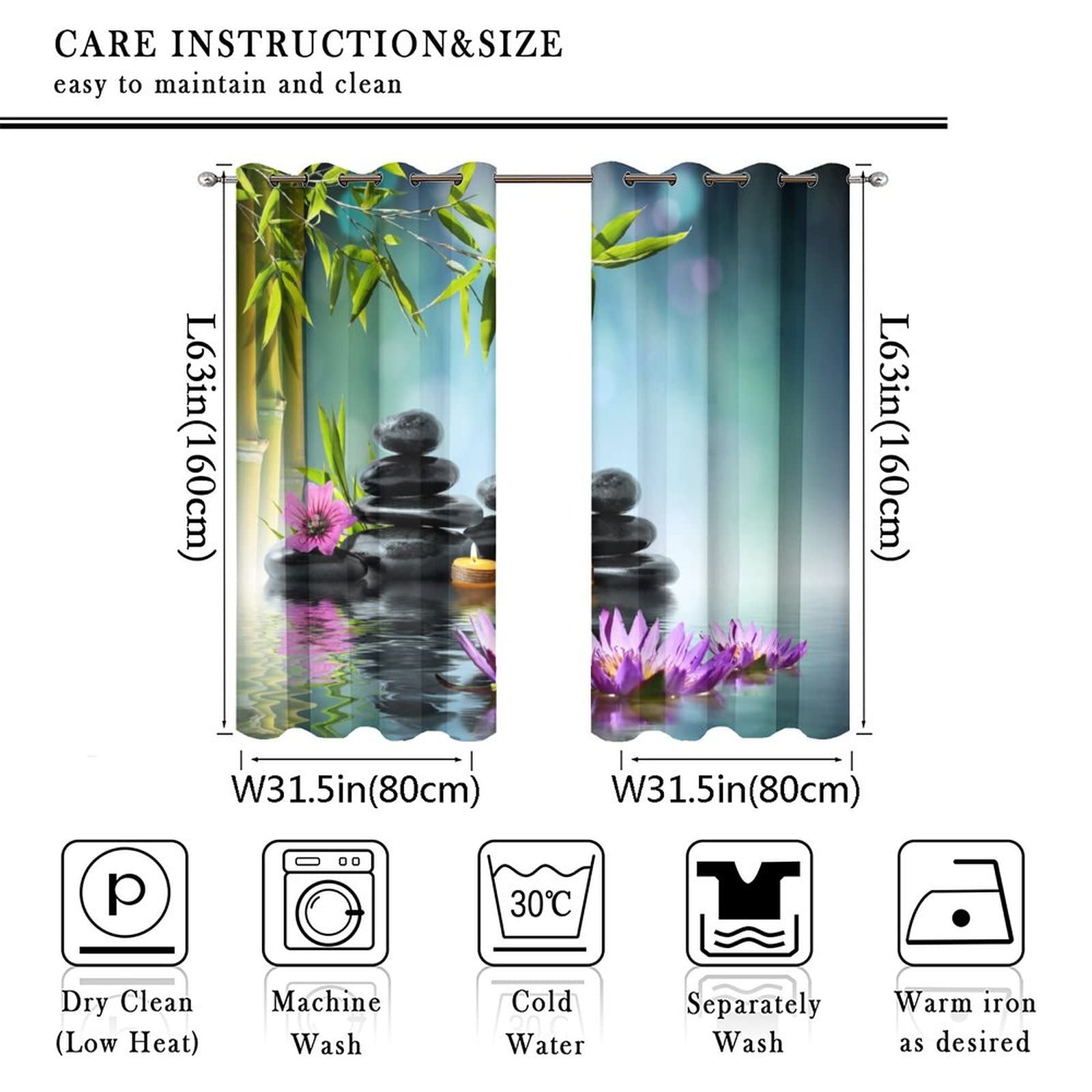 Zen Japanese Style Landscape Ultra Soft Premier Blackout Curtains,Spa Green Bamboo Black Stone Purple FlowerThermal Insulated Bedroom Noise Reducing Patio Door Grommet Top,2 Panels 63L x 31.5W