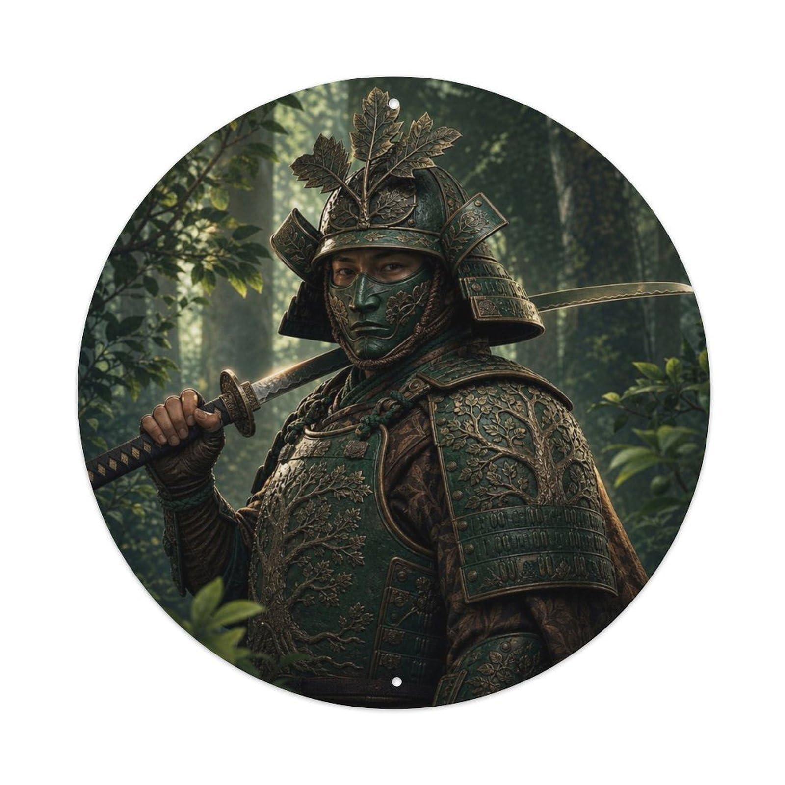 Okngb Style Ronin Emerald Forest Blade Shoulder Carry Samurai Crest Metal Tin Sign Plaque Wall Decor For Cafe, Man Cave, Club Bar, Office, Home Garden Round Metal Poster 8X8inch