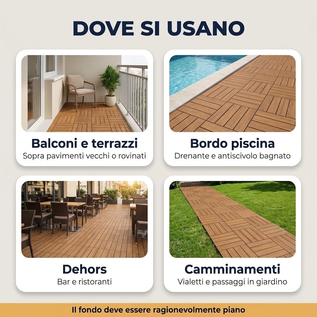 Lemag Piastrelle a Incastro per Esterni Effetto Legno 40x40 cm - 12 Pezzi, 1,92 mq - Pavimento Modulare in Polipropilene per Balconi e Terrazzi - Si Posa Senza Colla e si Rimuove