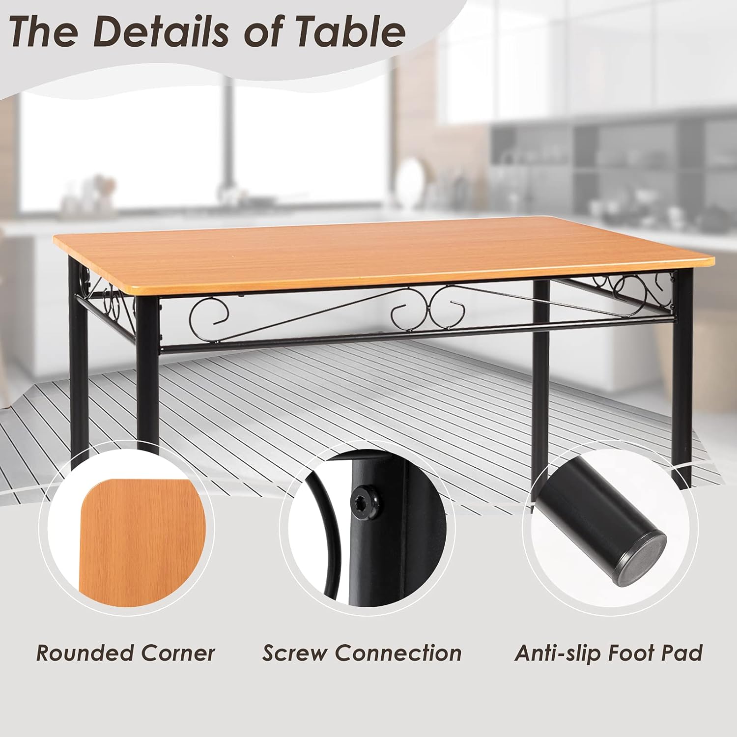 Close-up of table details showing rounded corner, screw connection, and anti-slip foot pad