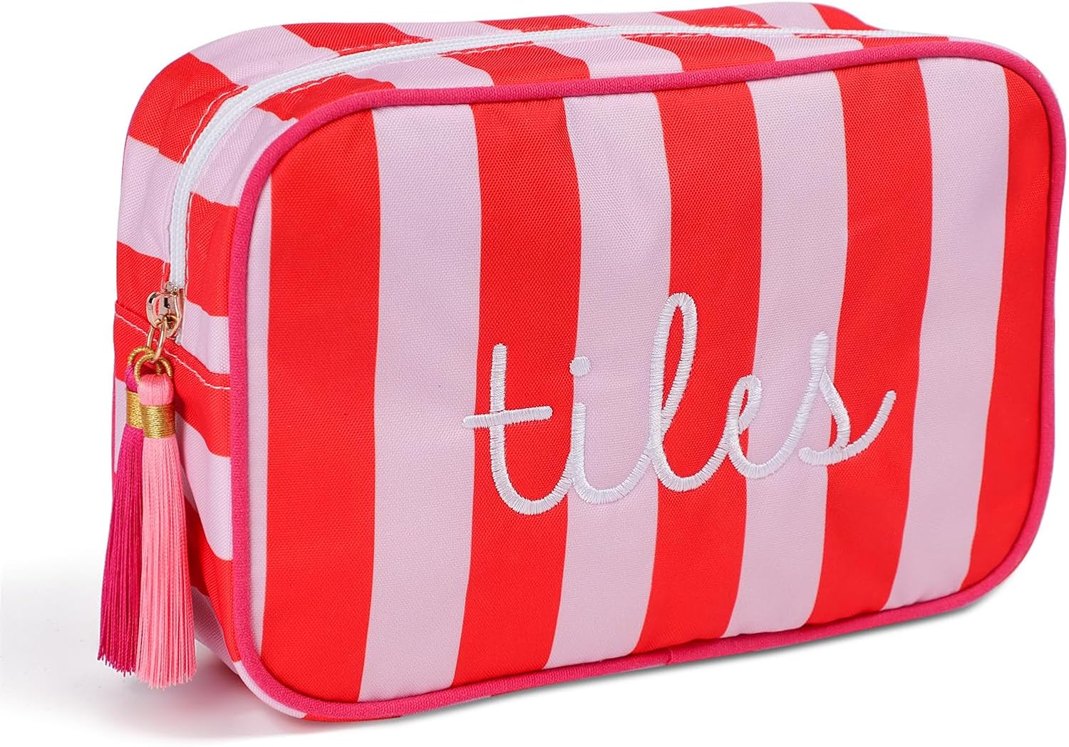 Mahjong Tile Bag - Red & Pink Striped Embroidered Case for 166 American Mahjong Tiles (1.2"), Portable Zippered Travel & Board Game Storage Pouch for Mahjong Lovers, Party & Gathering (Case Only)