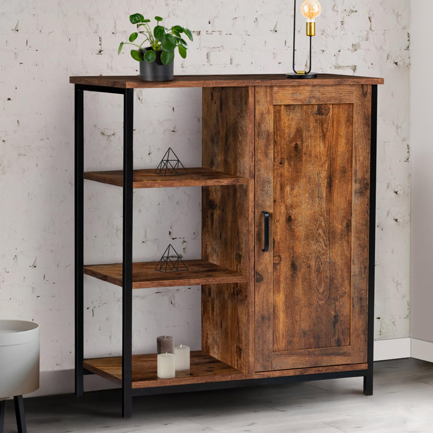 IDMarket - Aparador auxiliar con 3 estantes y armario de 70 cm Dayton efecto envejecido, diseño industrial