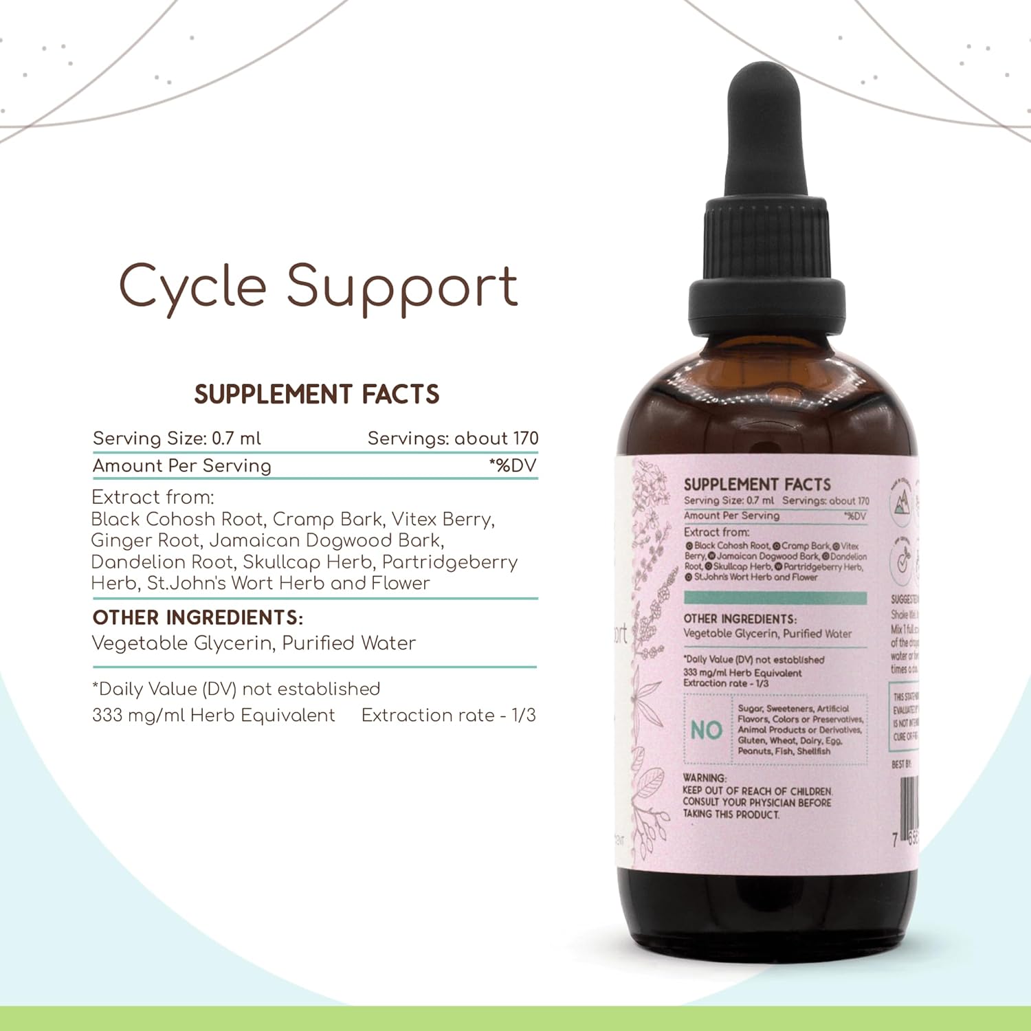 HerbEra Cycle Support B120 Alcohol-Free Extract, Skullcap, Dandelion, Cramp Bark, Vitex Berry, St.John's Wort Herb,Jamaican Dogwood, Partridgeberry Herb. Black Cohosh Root. PMS Support 4 Fl Oz