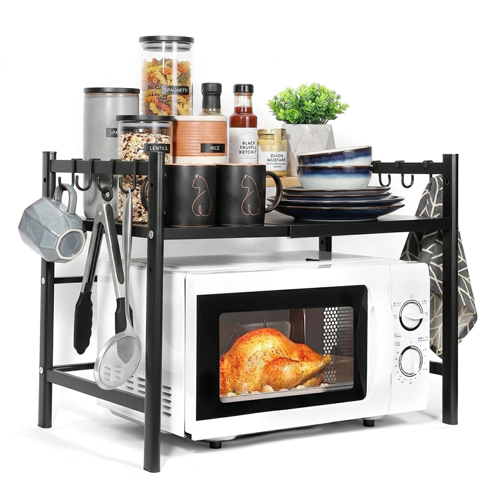 Estante para Microondas Ajustable de 2 Niveles, Soporte de Cocina Expandible en Acero al Carbono con 1 Soporte para Utensilios, 8 Ganchos, Ahorro de Espacio y Organizador de Encimera (Redondo)