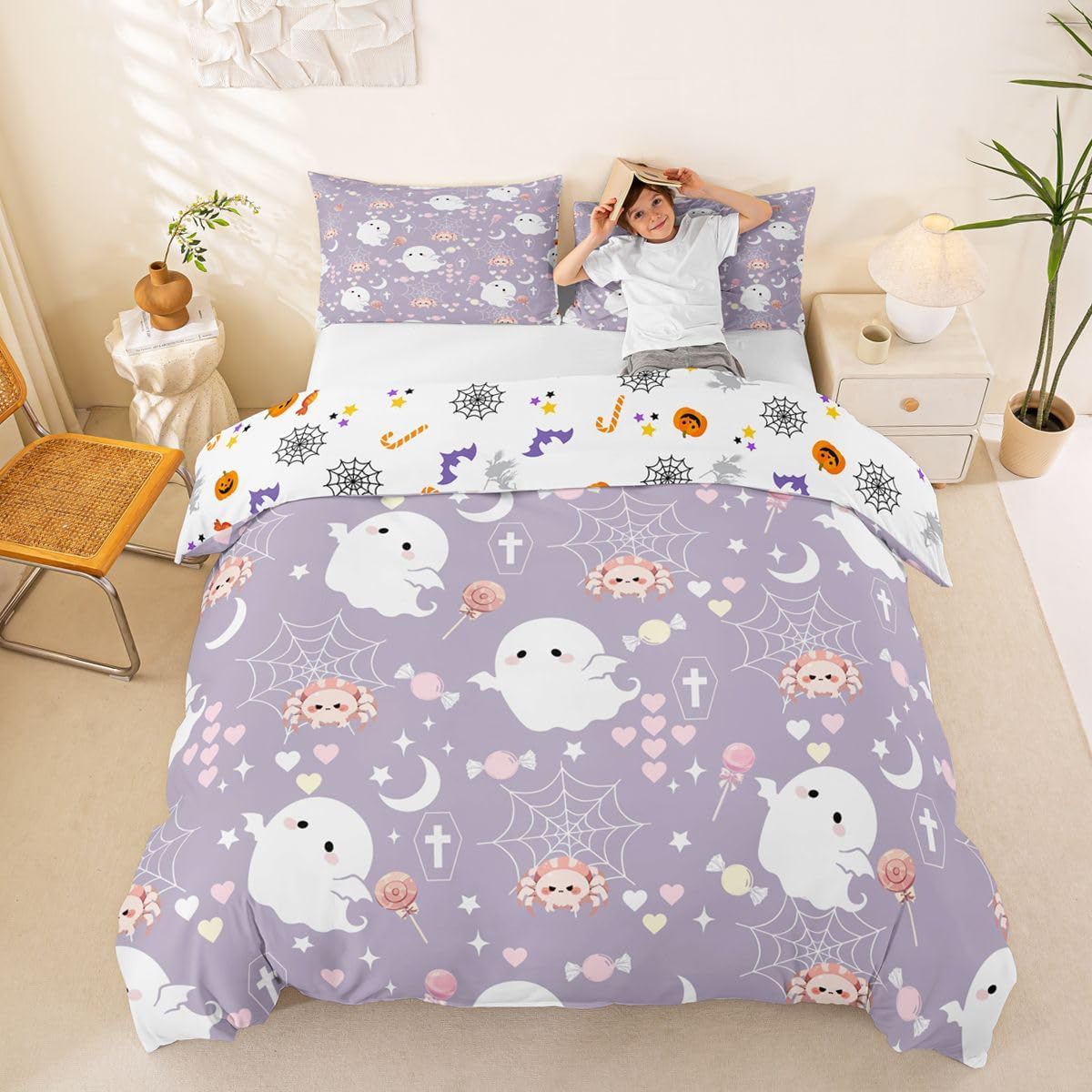 Cute Ghost Lavender Duvet Cover Toddler Size,Cartoon Spider Web Bedding Sets 2Pcs for Kids Girls Boys Adult Room Decor,Candy Love Star Moon Quilt Cover, Happy Halloween No Comforter,1 Pillowcase