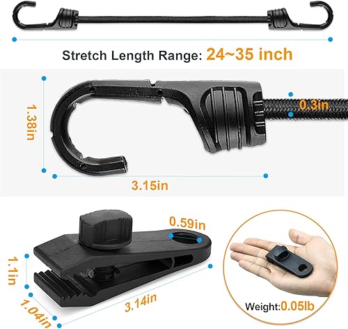 Miniatura 2 de Cuerda elástica de 24 pulgadas con ganchos dobles, paquete de 4 correas elásticas de 0.315 pulgadas y 8 clips de lona, correas elásticas negras para