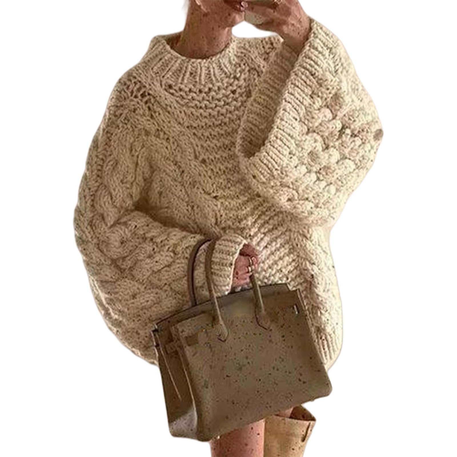 Tbahhir Womens Oversized Cable Knit Sweaters Crewneck Pullover Loose Long Sleeves Ribbed Chunky Slouchy Tunic Tops