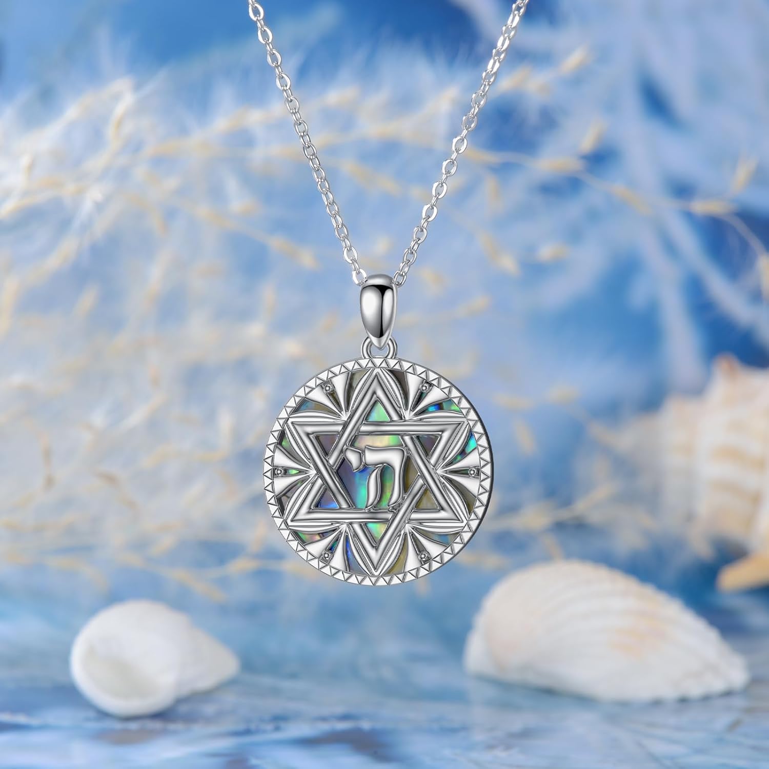 VONALA Star of Daivd Necklace 925 Sterling Silver Hebrew Chai Necklace with Abalone Shell Star Pendant Jewish Christian Jewelry Gift for Women Men - Image 5