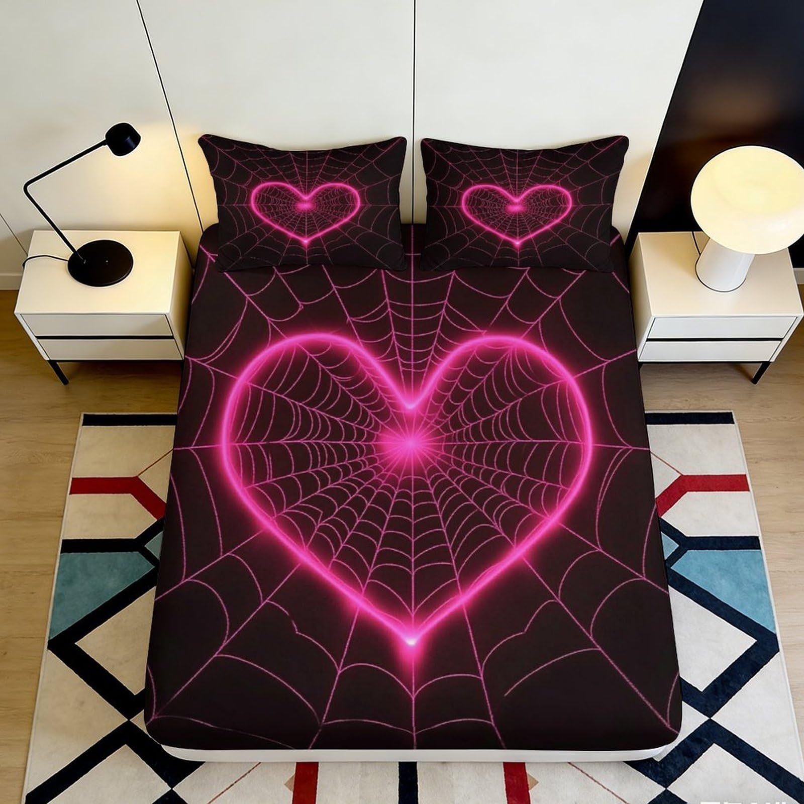 Jwndfkpvxzgl Style-1 3D Printed Neon Heart Web Fitted Sheet Microfiber Black Pink Bed Cover For Bedroom Dorm Mattress Protection 90X200x25cm
