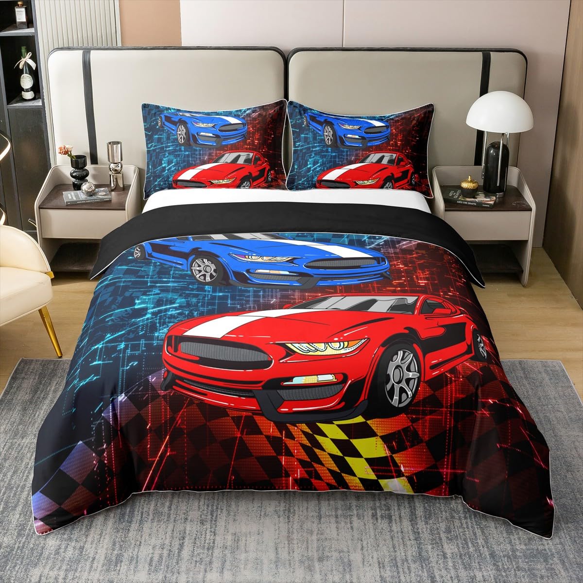 Racing 100% Cotton Bedding Set Super King Size,Red Blue Race Cars Duvet Cover 3pcs for Kids Boys Room Decor,3D Checker Comforter Cover,Extreme Racing Sports Quilt Cover,Not Comforter — image 1