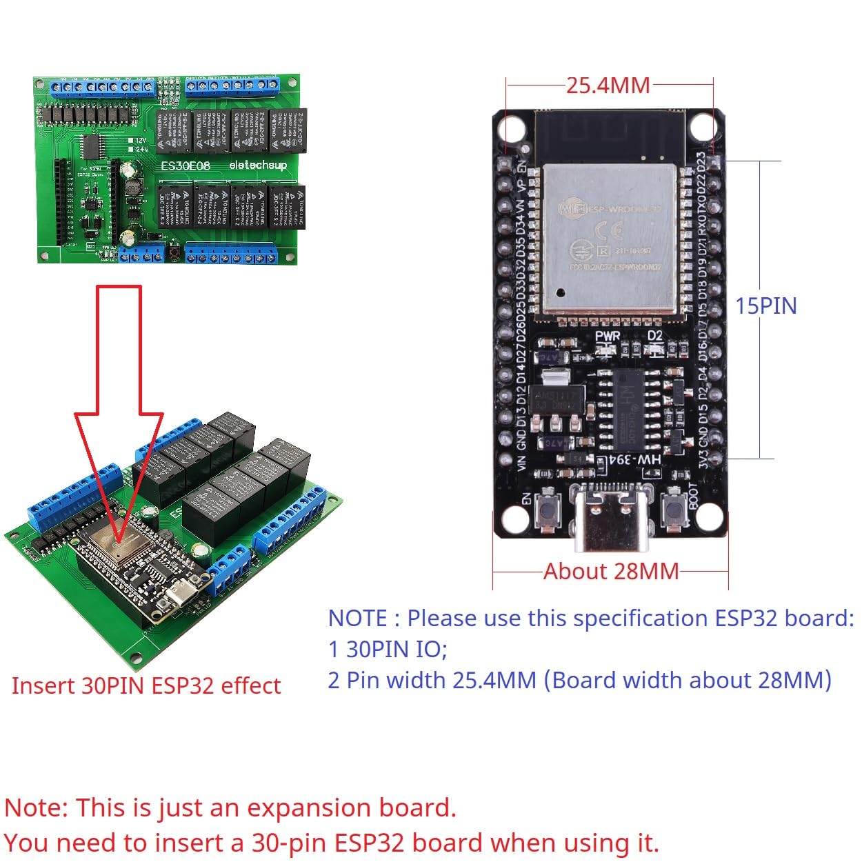 Inserting 30PIN ESP32 board into ES30E08