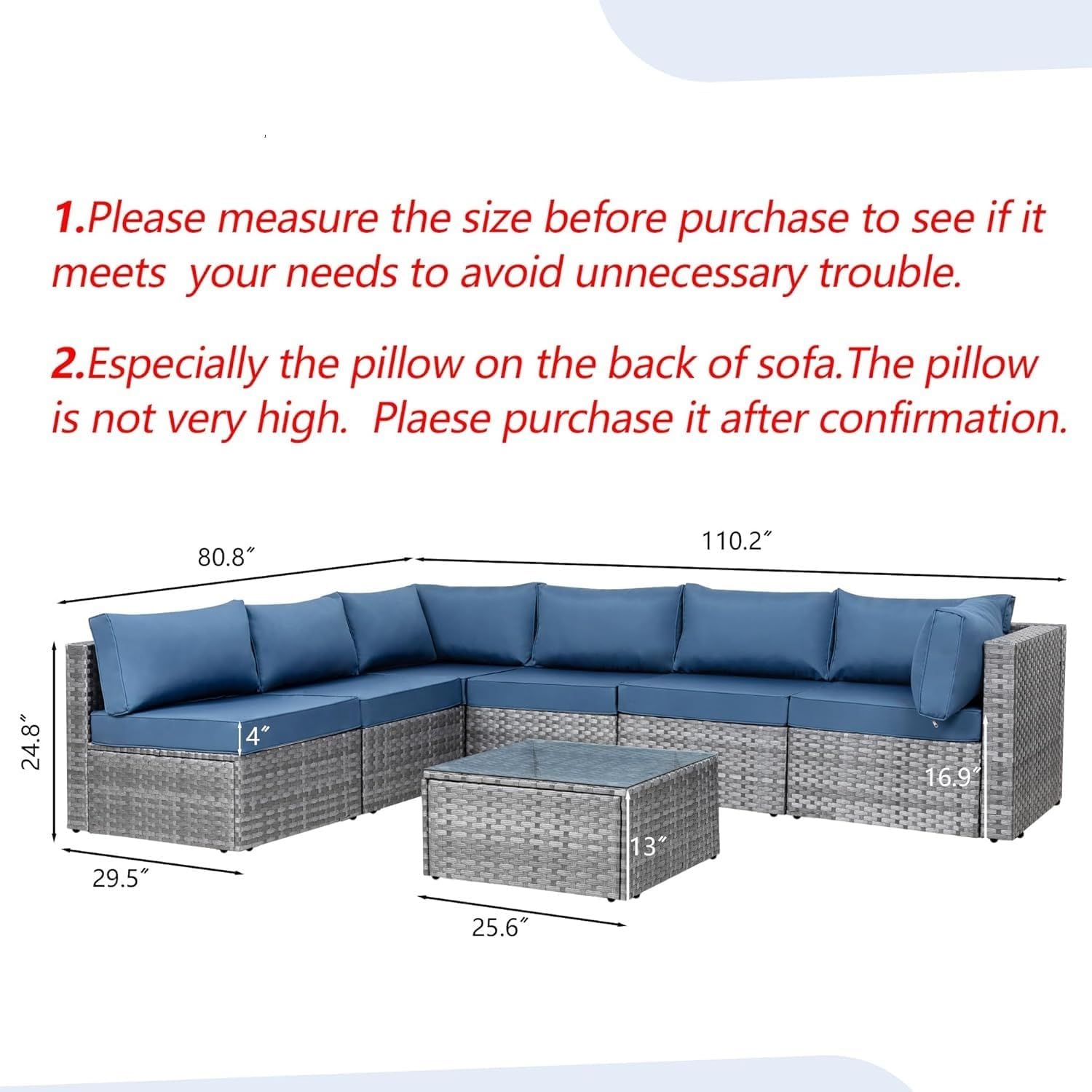 Silver Gray PE Wicker Furniture Conversation Sets with Washable Cushions Glass Coffee Table 7 Pieces Outdoor Patio Sectional Sofa Couch for Garden Poolside Backyard