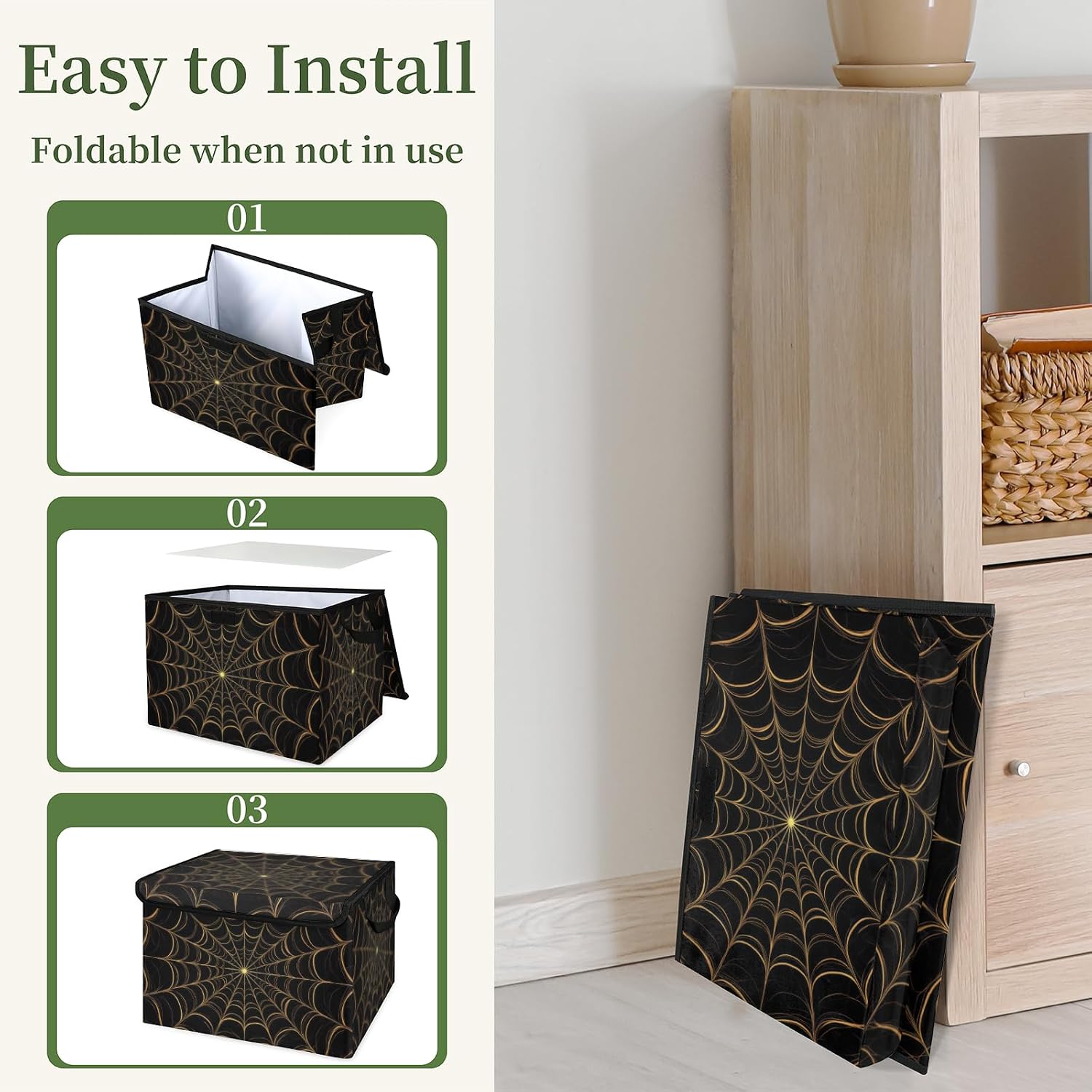 Closet Storage Bins with Lids, Gothic-style Spiders Web Storage Baskets for Organizing, Large Cube Box Closet Organizers with Handles, Home Office Decorative Wardrobe Boxes for Organization (27 Quart)