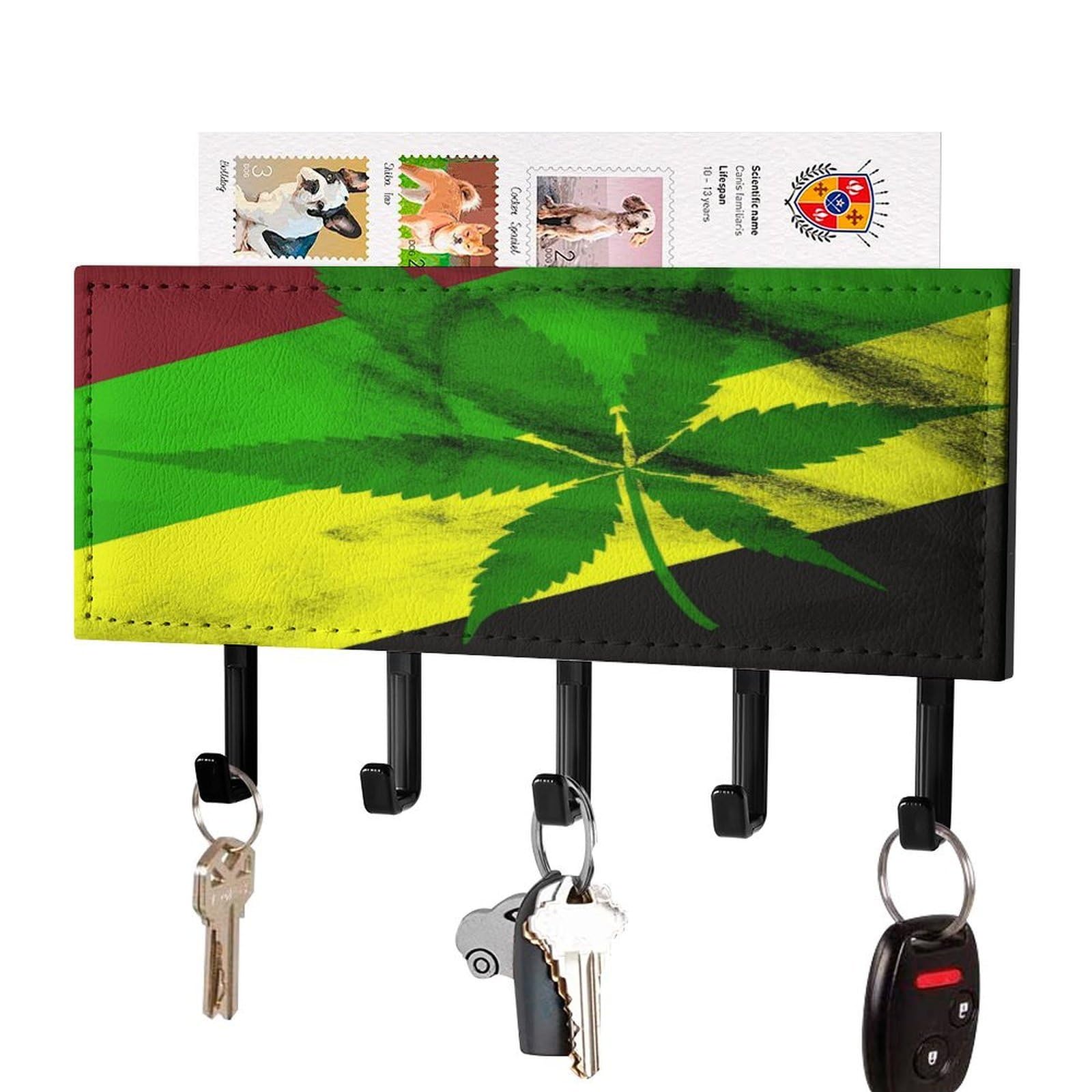 Fekiloot Black-Style Jamaica Flag Leaves Key Holder Wall Mount Key And Mail Holder Key Hanger With 5 Hooks Decorative Pu Key Rack Hanging Key Hooks For Wall Living Room Kitchen Bathroom Hallway