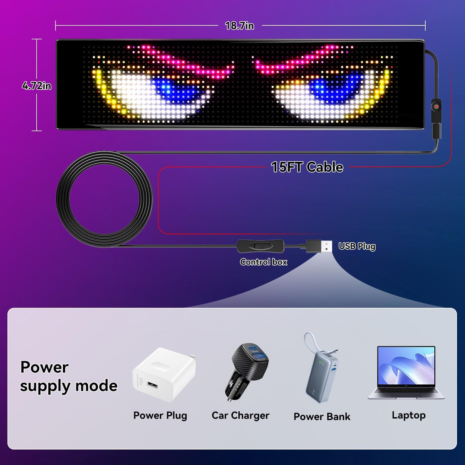 LED Sign for Car Devil's Eyes Light for Windshield APP Control Scrolling Display Custom Sign DIY Programmable Flexible USB 5V LED Name Sign for Window Ads (19 * 5in)
