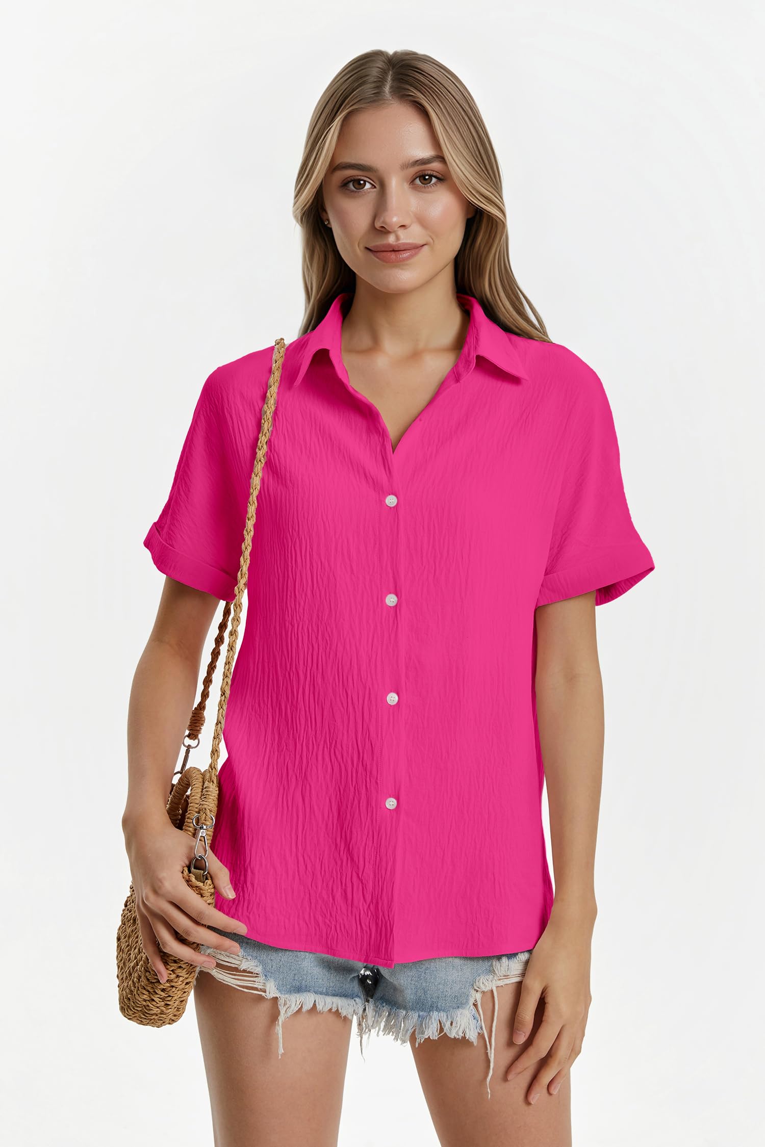 Camicia Donna Manica Cortae Camicette Donna Estive Scollo a V Camicetta Bottoni Larghi Casual Camicie Elegante Blusa Tinta Unita