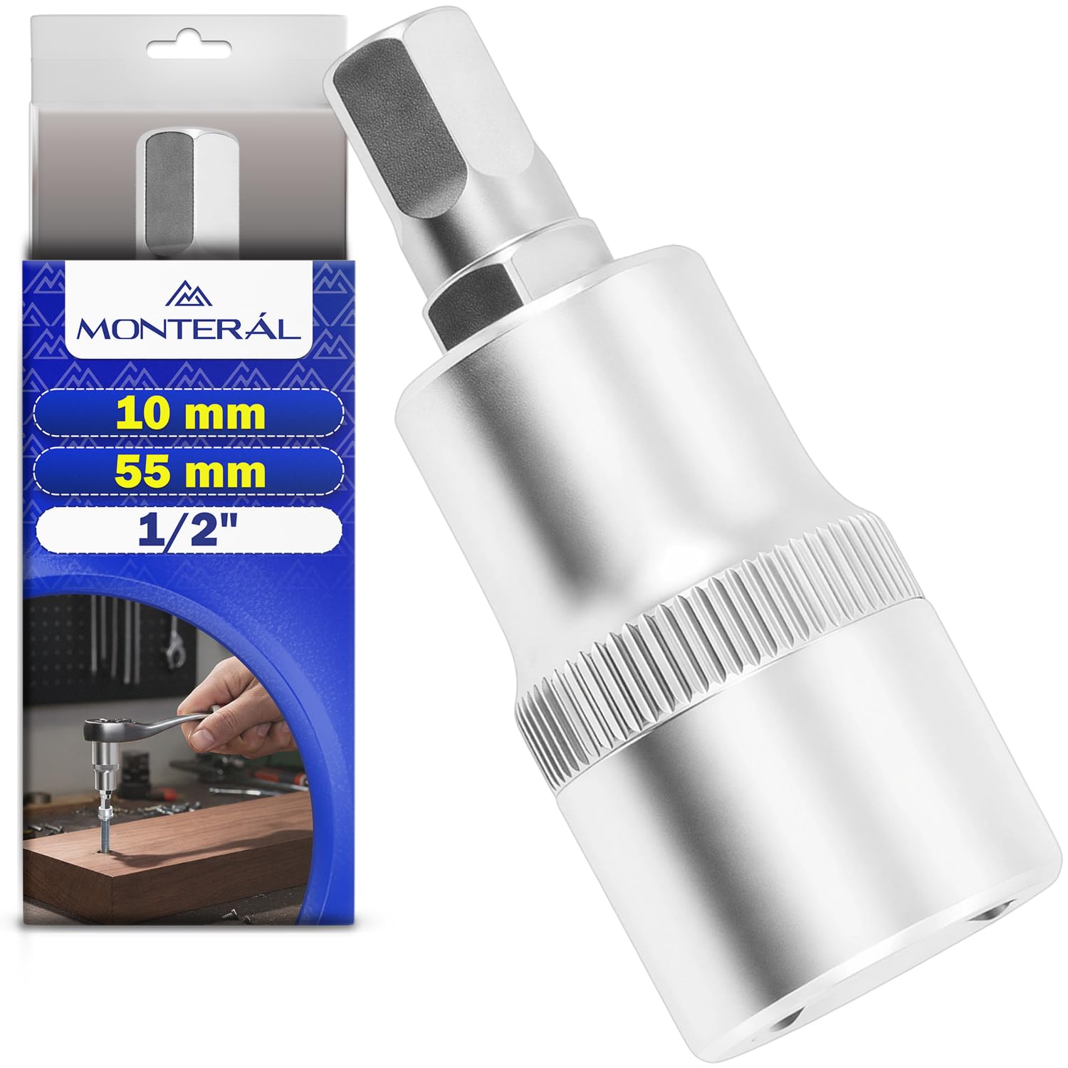 Llave de Vaso con Punta Allen 10 mm x 55 mm para Zonas de Difícil Acceso - Llave Vaso con Cuadrado de 1/2" - Fabricada en Acero Cromo Vanadio - MONTERAL