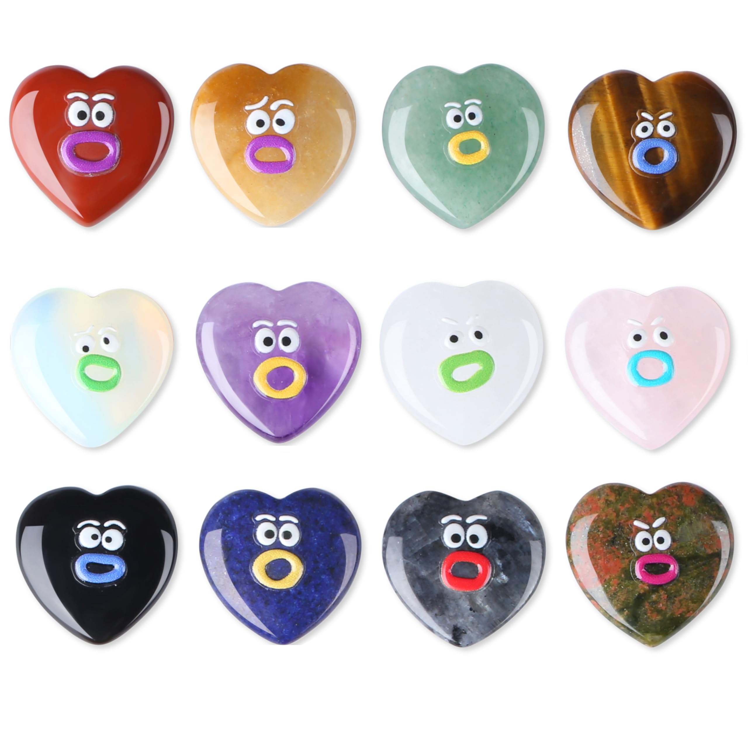 Sahoottie Lustiges Emoji Herz Edelsteine Set 12 Stück Bunte Herz Glückssteine Kristall Heilsteine Kleine Lustige Geschenke Mini Gastgeschenke für Geburtstag Party Kommunion Taufe Mitgebsel Herzdeko