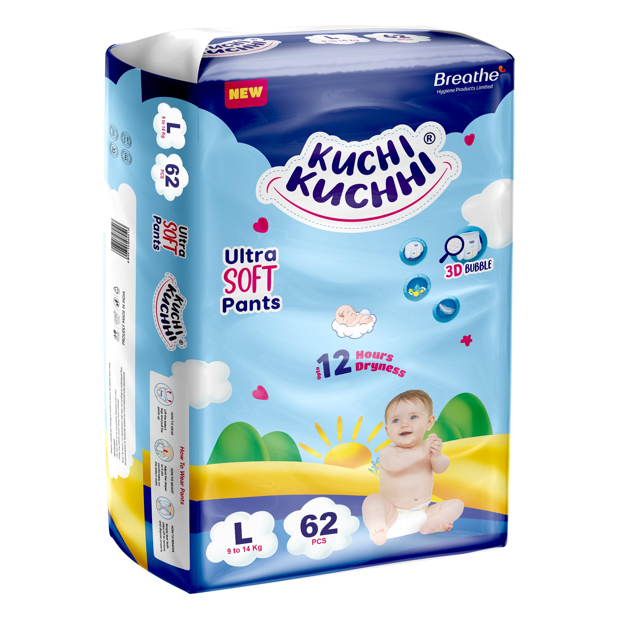 KUCHI KUCHHI Premium super soft baby diaper with a 3D bubble top and super absorbent core | Added active leak barriers and wetness indicators - L Size, 62 Count-image-27