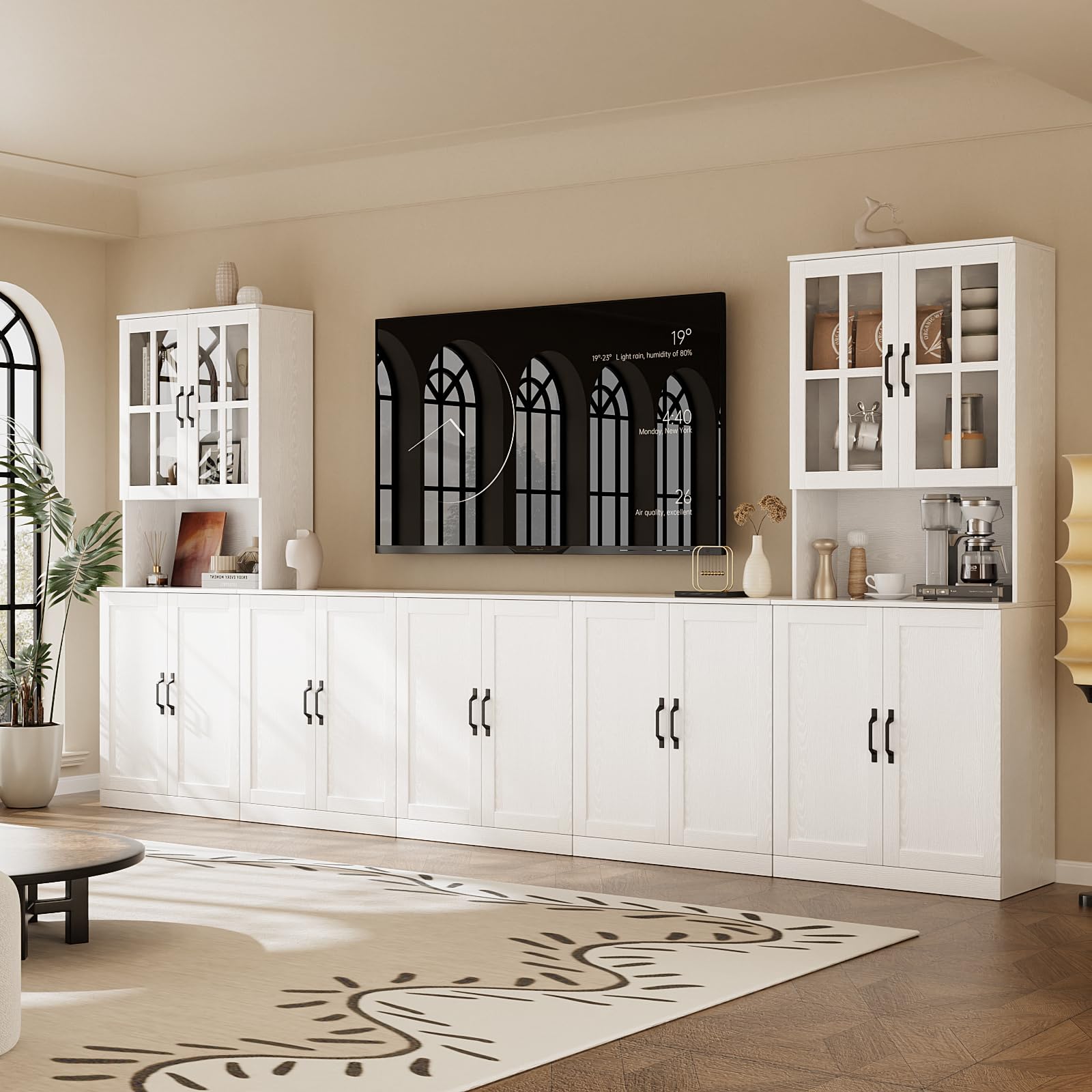 VOWNER Modularer 5PSC TV-Schrank, Fernsehschrank mit Glastüren & Bücherregalen für TV bis 75 Zoll, TV Ständer, Wohnzimmerschrank mit Kontrollfläche, 300 x 180 x 40 cm, weiß (5PCS)