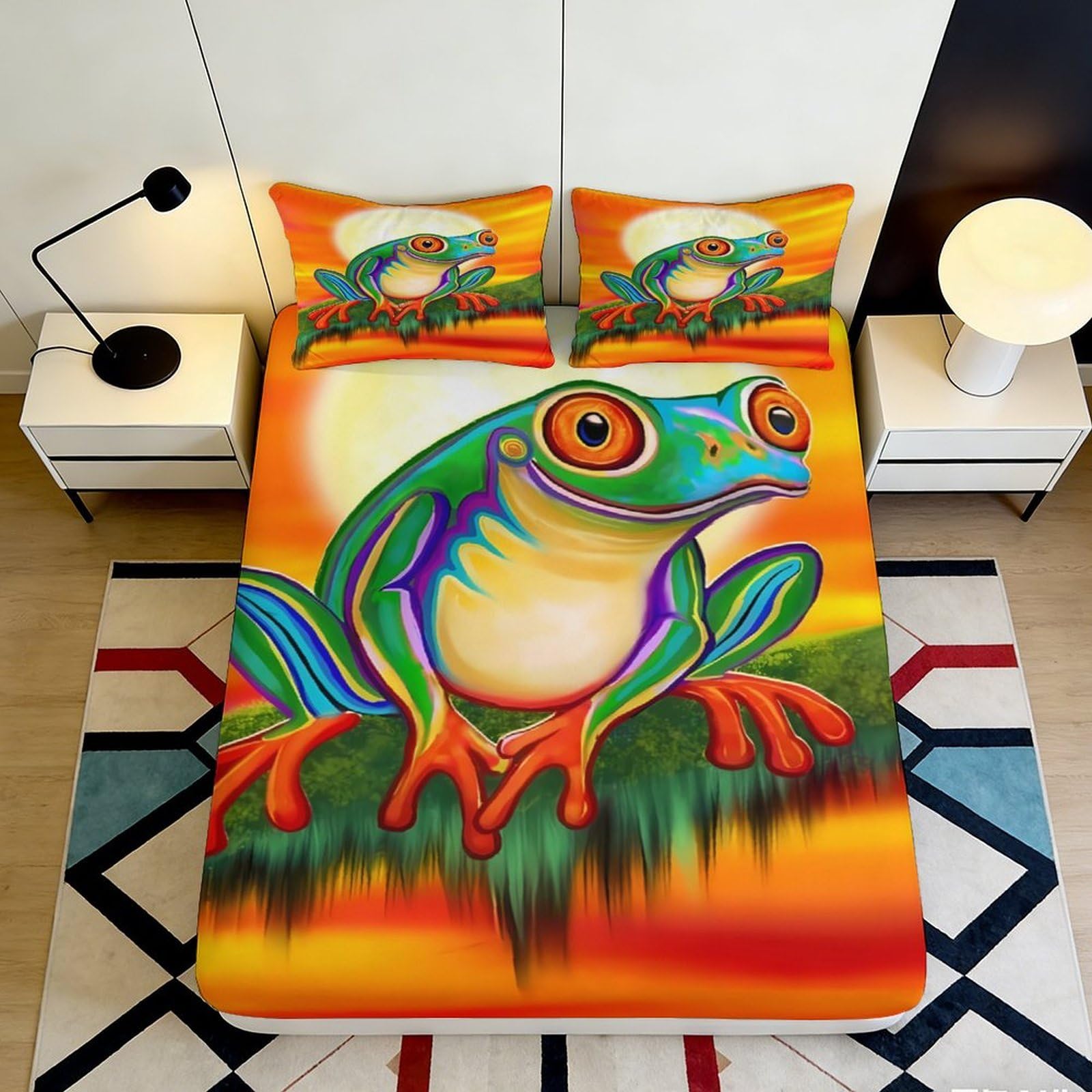 3D Printed Colorful Frog Fitted Sheet Microfiber Vibrant Forest Art Mattress Cover for Bedroom Guest Room Decor 90x200x25cm