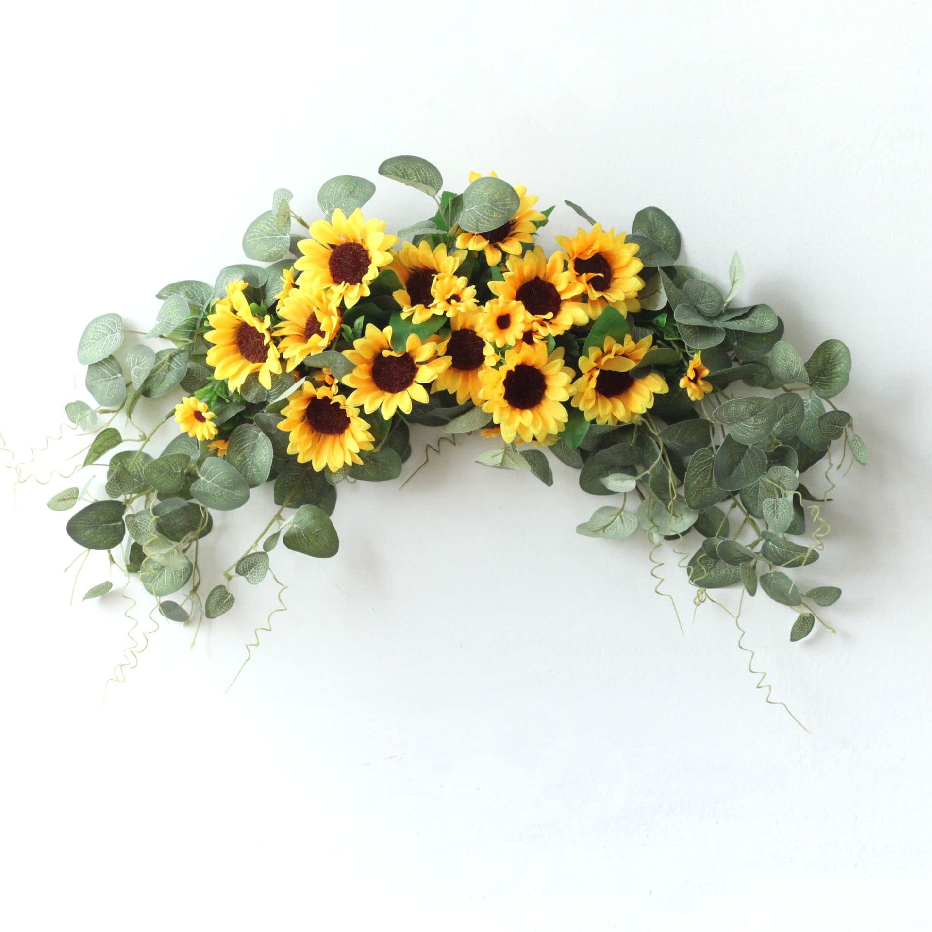 SLDHFE Artificial Sunflower Swag with Eucalyptus,29.5In Rustic Artificial Floral Swag,Wall Arch Hanging Sunflower Flower Wreath for Wedding Wall Door Decoration