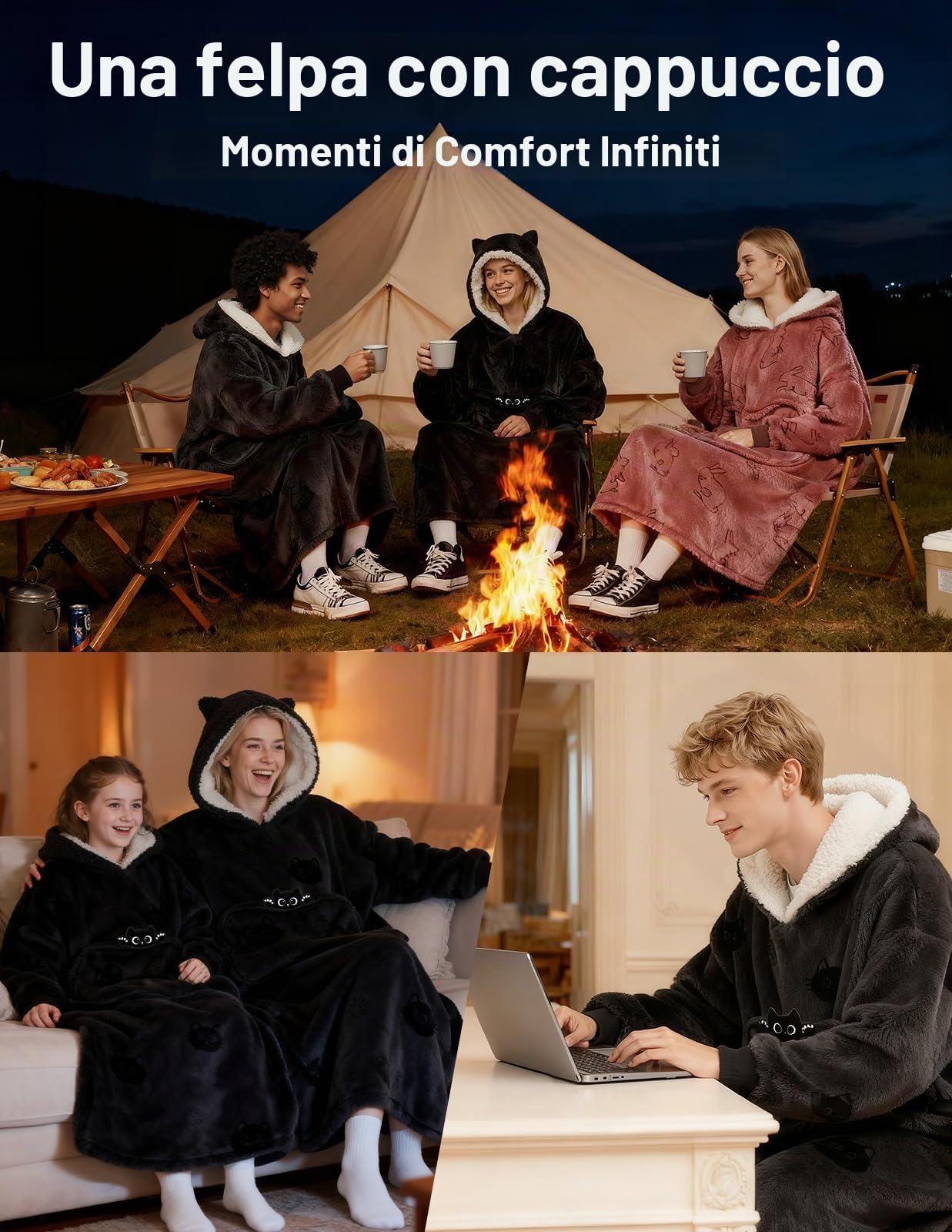 Mewaii Coperta Indossabile con Cappuccio Motivo Gatto Nero, Felpa Oversize in Flanella e Pile Sherpa Morbida, Plaid Caldo con Orecchie e Tasca Gigante, Idea Regalo Invernale per Donna e Ragazza