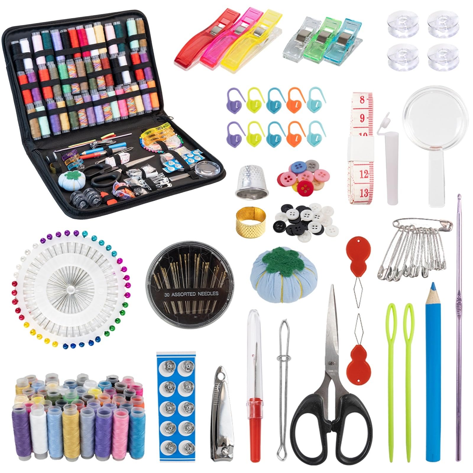 Kit de costura portátil para principiantes y profesionales, incluye aguja de hilo, tijera, cinta métrica, botón, accesorios y herramientas de costura (azul bebé)