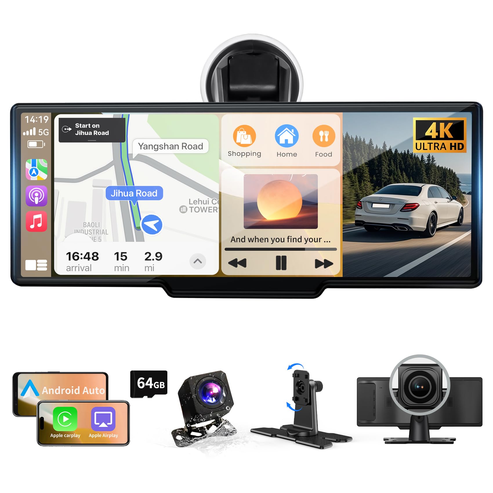 10.26" Wireless Carplay Screen, Portable Car Play & Android Auto Screen, Car Stereo with 4K Dash Cam, HD Touch Screen with 1080P Backup Camera/Mirror Link/Voice Control/GPS/AUX/FM for All Vehicles