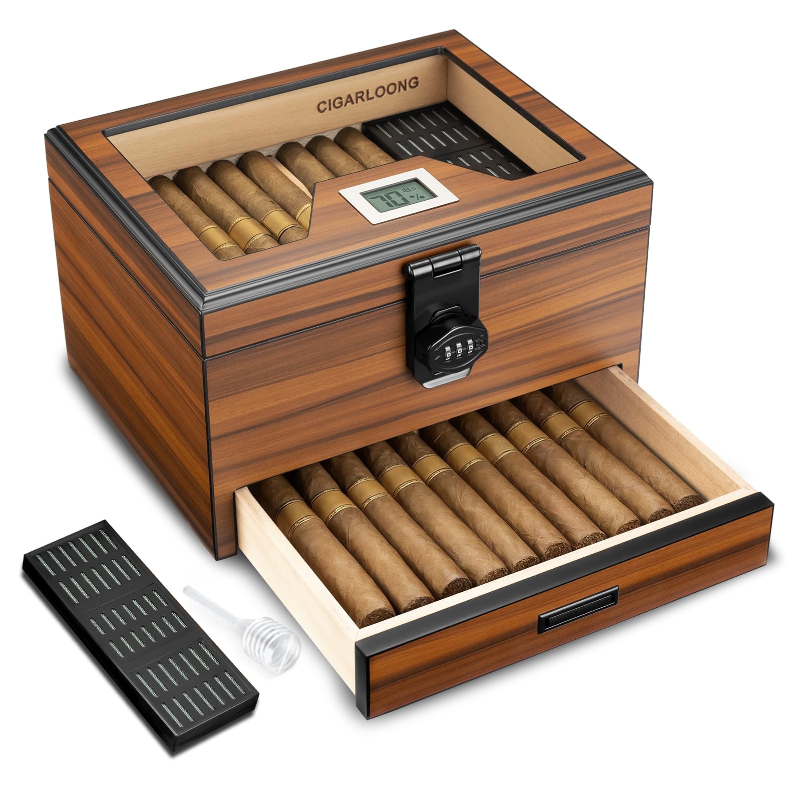Zigarren Humidor, Zedernholz Humidor Zigarrenbox, Desktop Humidor mit Hygrometer, Luftbefeuchter, Regal, Trennwand, Zigarrenzubehör Schublade und Zahlenschloss, für 75 Zigarren, Zigarren Geschenke für