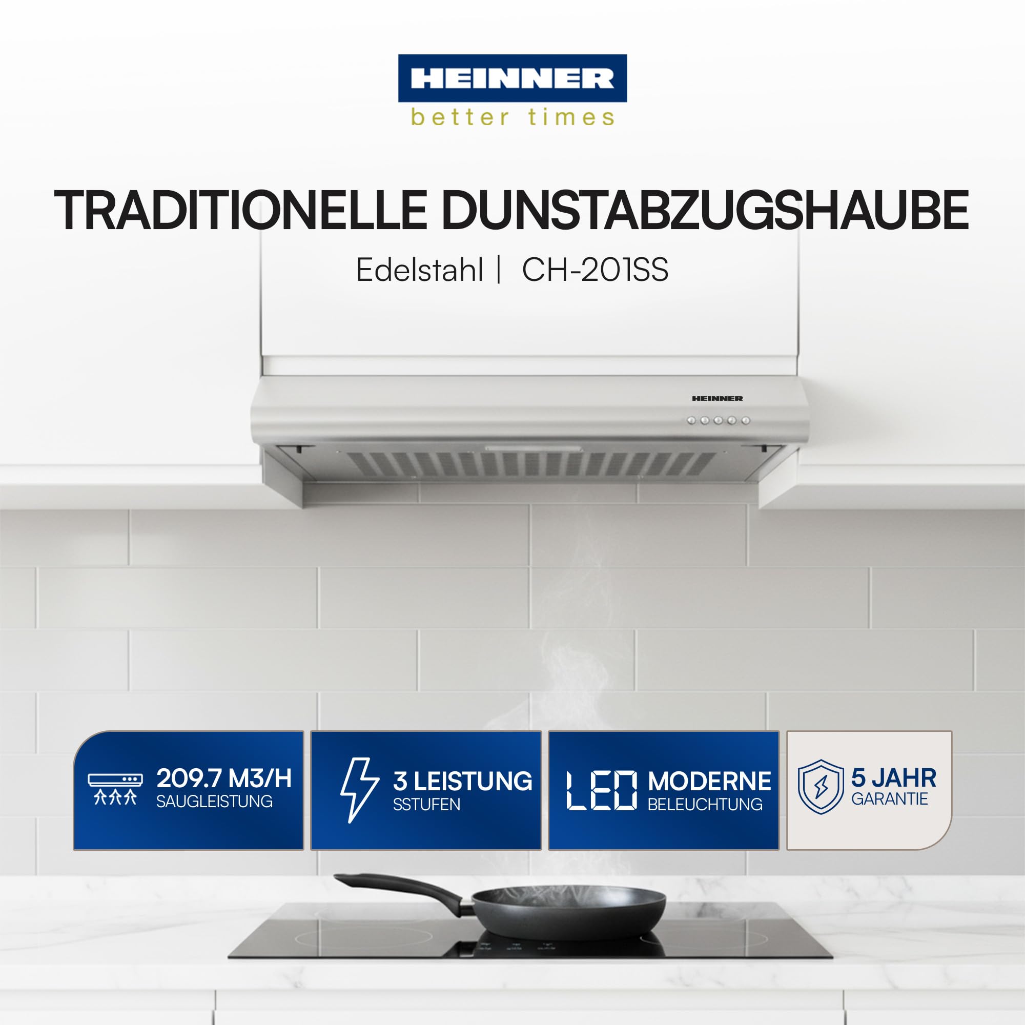 CH-201WH 60cm Edelstahl Unterschrank Dunstabzugshaube - 209,7 m³/h Absaugung, 3-Gang-Steuerung, LED-Licht, Aluminiumfilter, 5 Jahre Garantie (Silber)