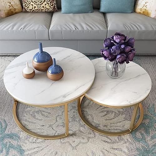 Miniatura 3 de Juego de 2 mesas de centro modernas anidables, redondas de mármol sintético, con marco de metal, apilables, mesas auxiliares industriales, para sala