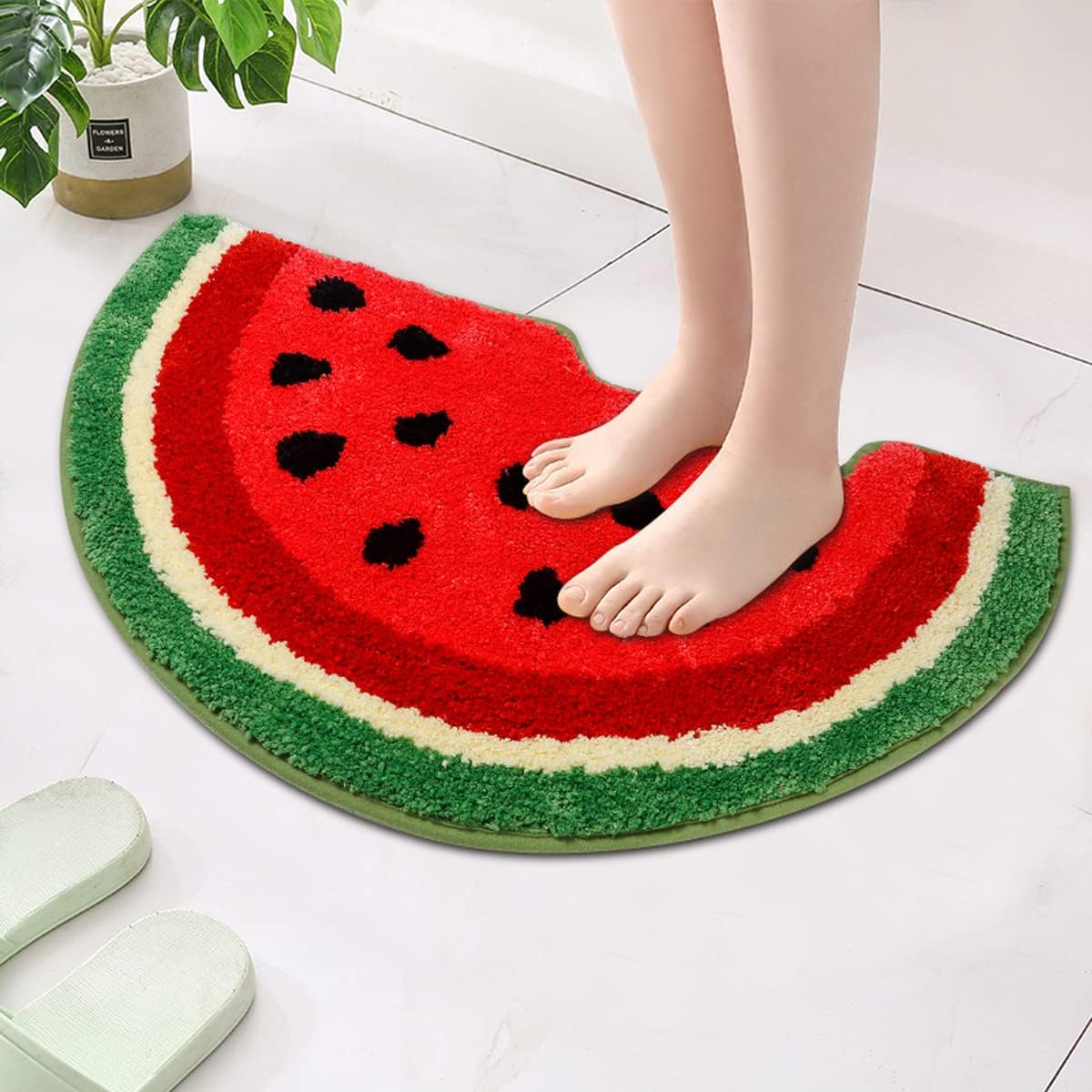 Watermelon Bath Mat for Bathroom, Cute Fruit Half Round Shaped Bathroom Rugs and Mats Non Slip Shower Rug Summer Welcome Mat for Doorway Kitchen Bedroom Bathtub Rug