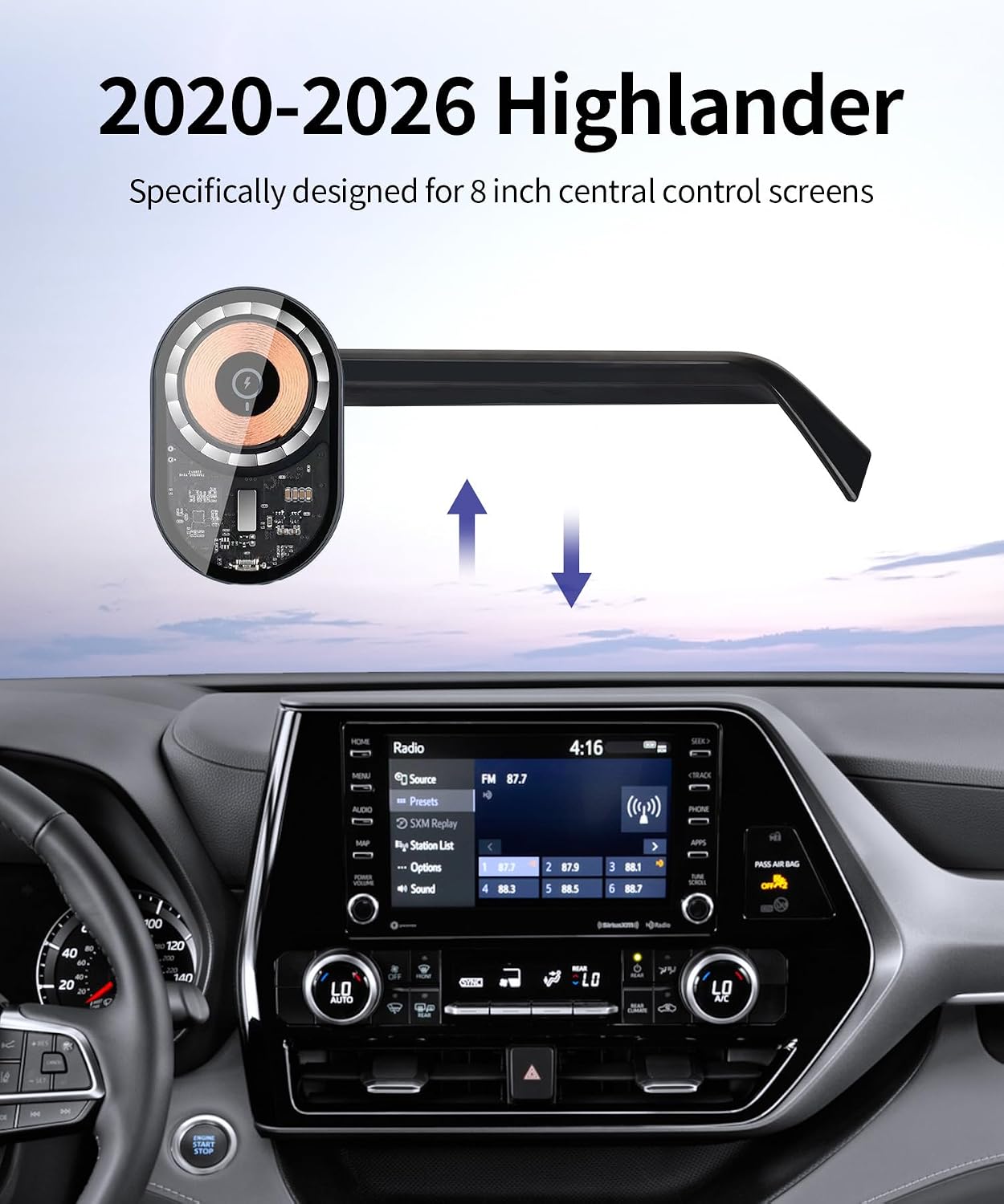 Wireless Charging Car Phone Holder for Toyota Highlander/Hybrid 2020-2026, 8" Screen Fixed Clip, 360° Rotation Car Phone Mount Compatible with MagSafe