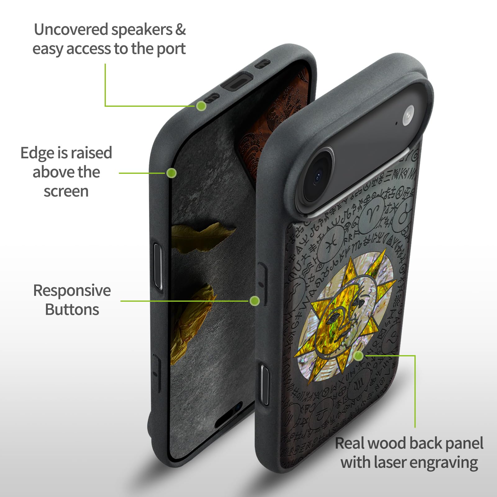 Carveit Funda Magnética para iPhone Air Compatible MagSafe [Madera y incrustación de mejillones] Protectora Antigolpes para iPhone 17 Air Carcasa (Madera Oscura-Dios del Sol y la Luna)